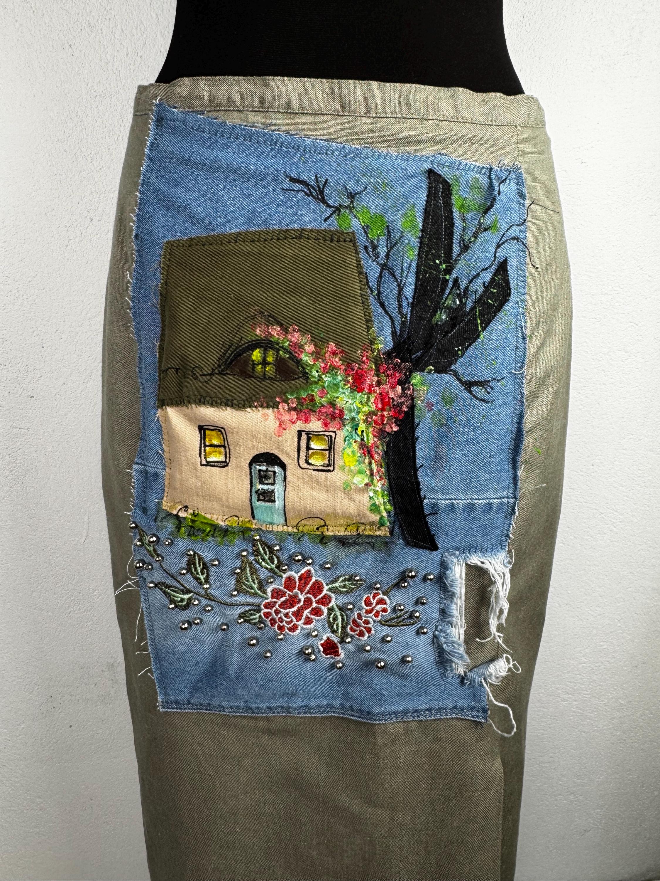 Upcycled Distler midi skirt with hand painted cottage patchwork. Cotton linen blend, sustainable one of a kind boho vintage piece