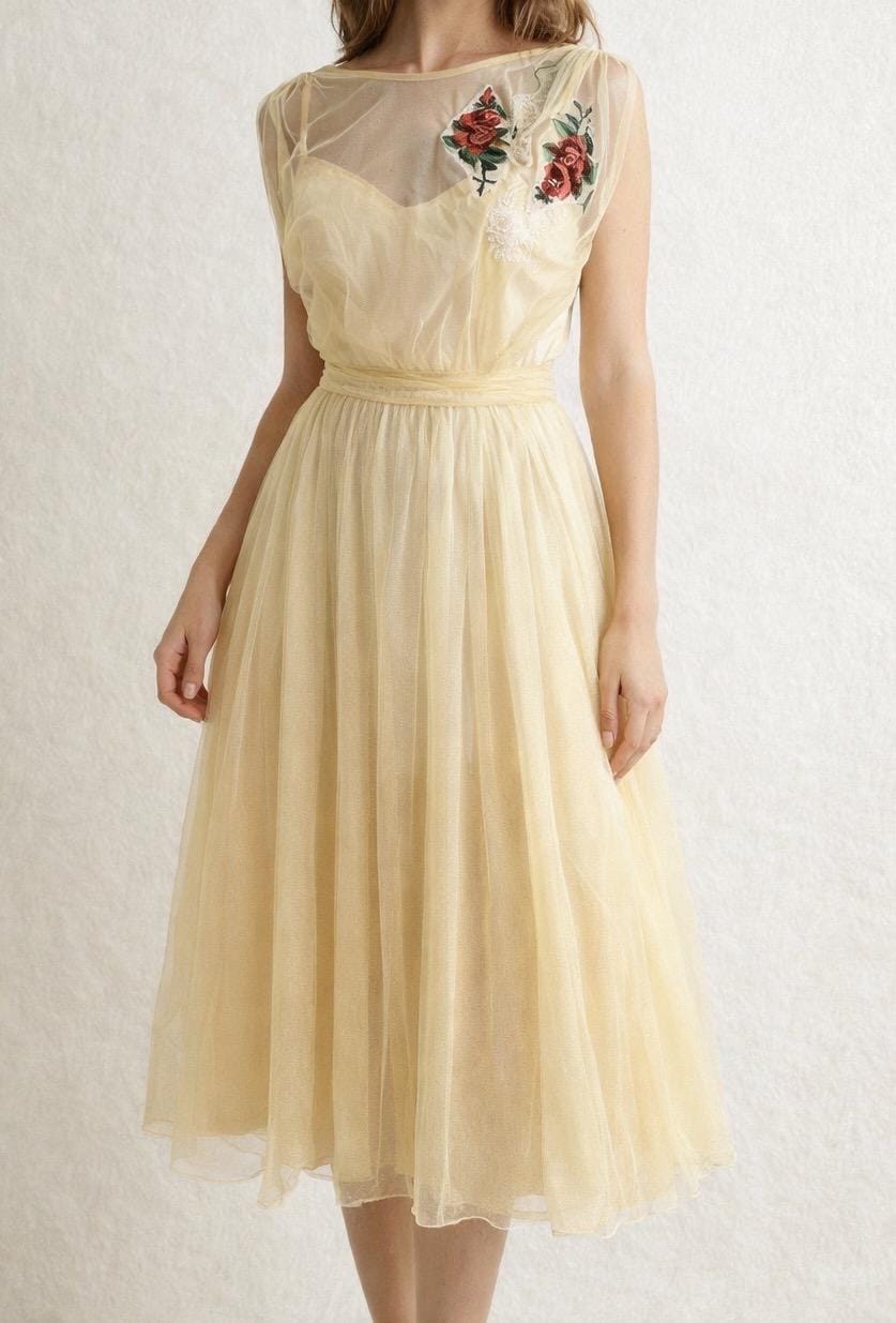 Authentic Vera Mont elegant dress with embroidered details. One of a kind upcycled piece