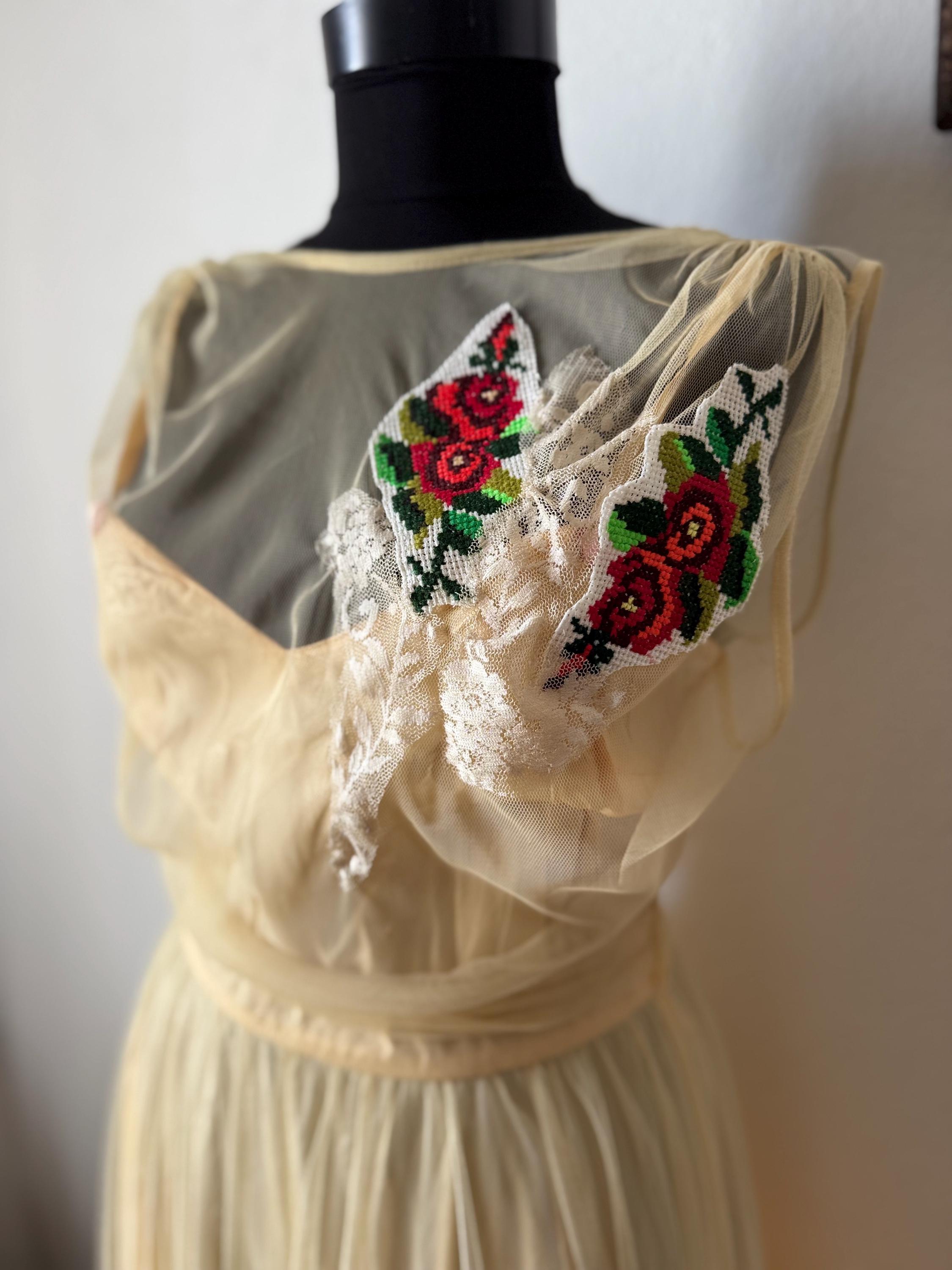 Authentic Vera Mont elegant dress with embroidered details. One of a kind upcycled piece
