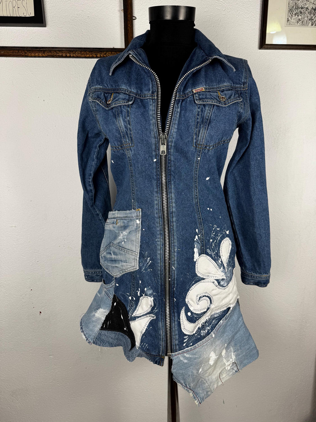 Upcycled Denim Mini Dress, OOAK Patchwork Jeans, Hand-Painted, Joujou, S