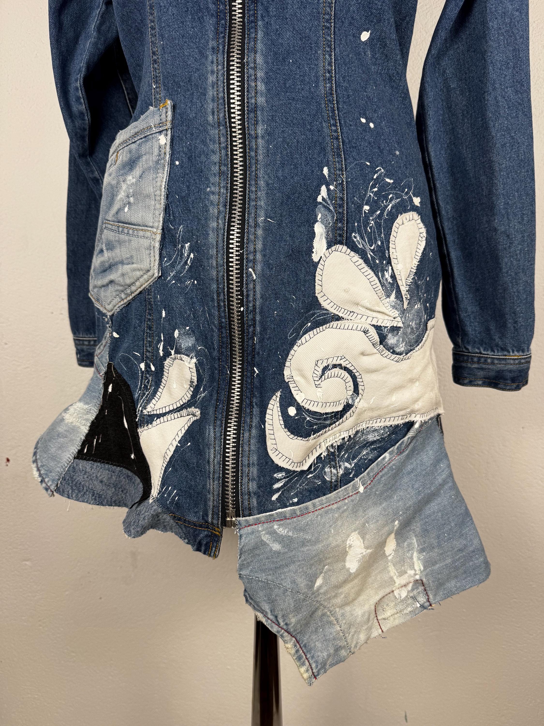 Upcycled Denim Mini Dress, OOAK Patchwork Jeans, Hand-Painted, Joujou, S