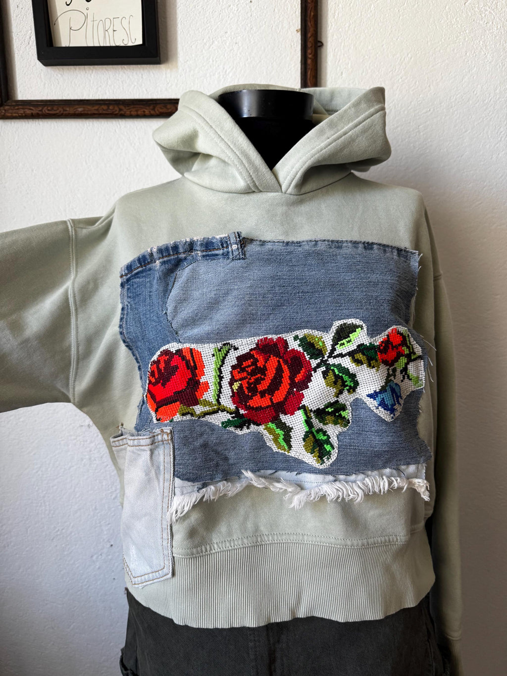 Hoodie with traditional embroidery and recycled vintage jeans patchwork