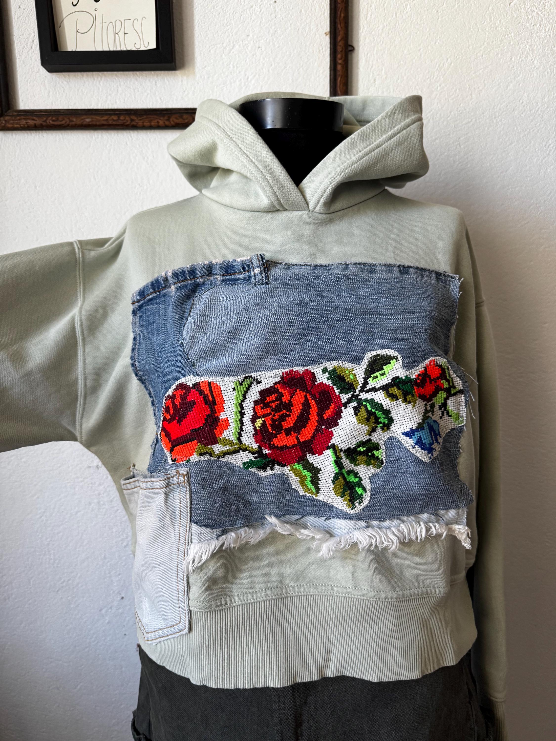 Hoodie with traditional embroidery and recycled vintage jeans patchwork