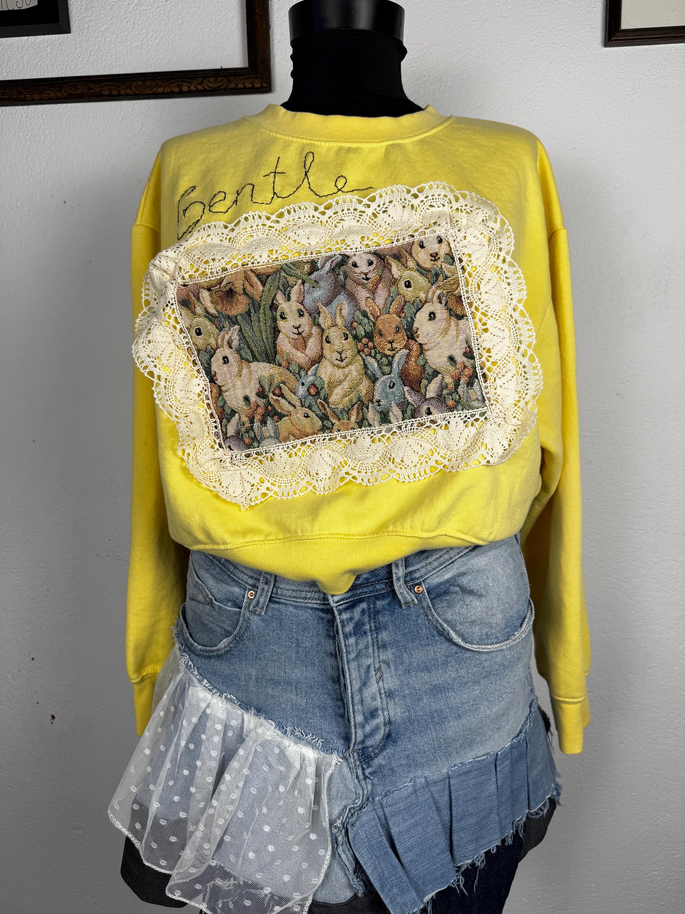 Upcycled cottage core bunny sweatshirt, yellow pullover with vintage bunny tapestry and lace