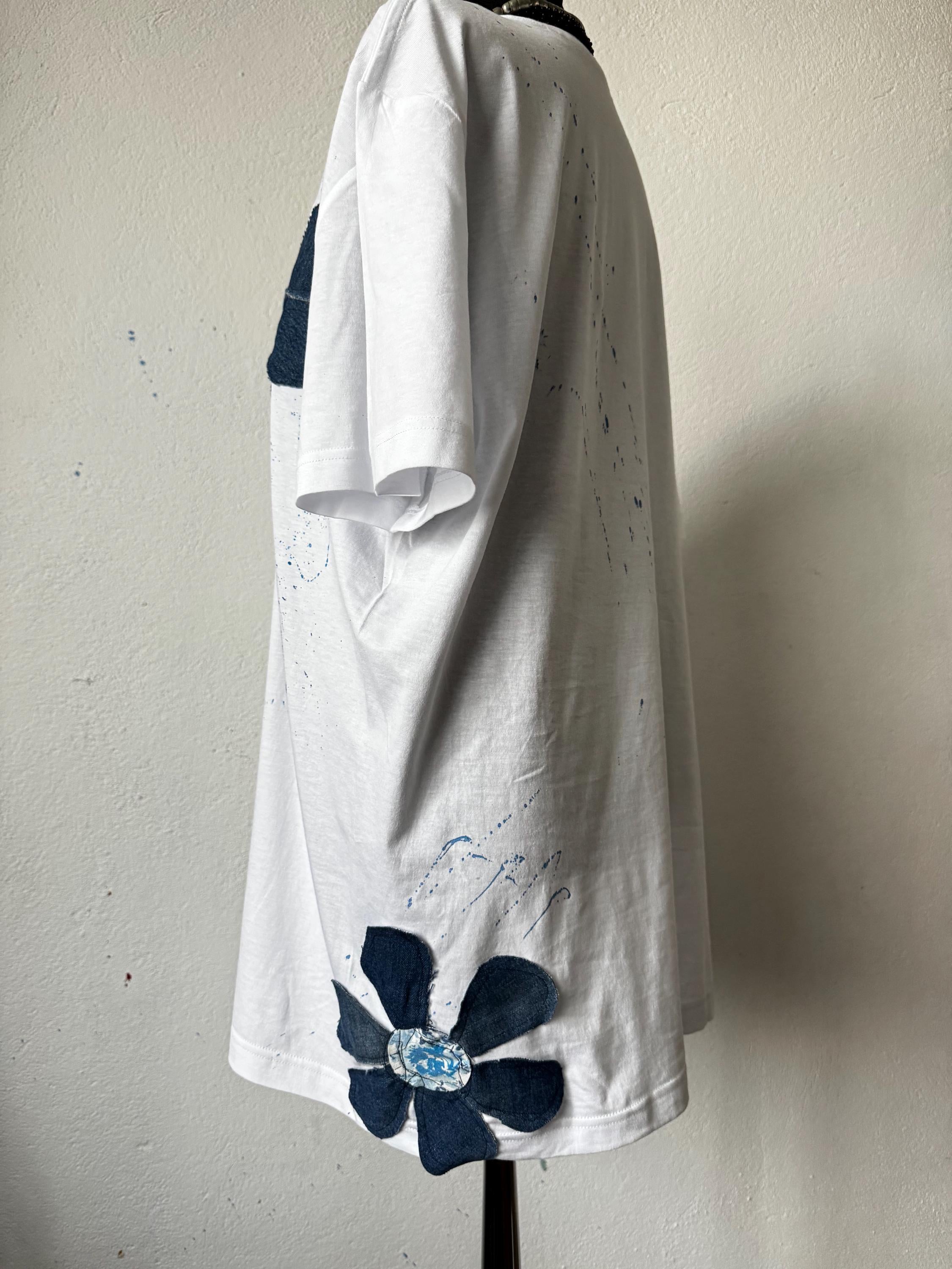 Denim flower vase t-shirt, handpainted with recycled jeans patchwork