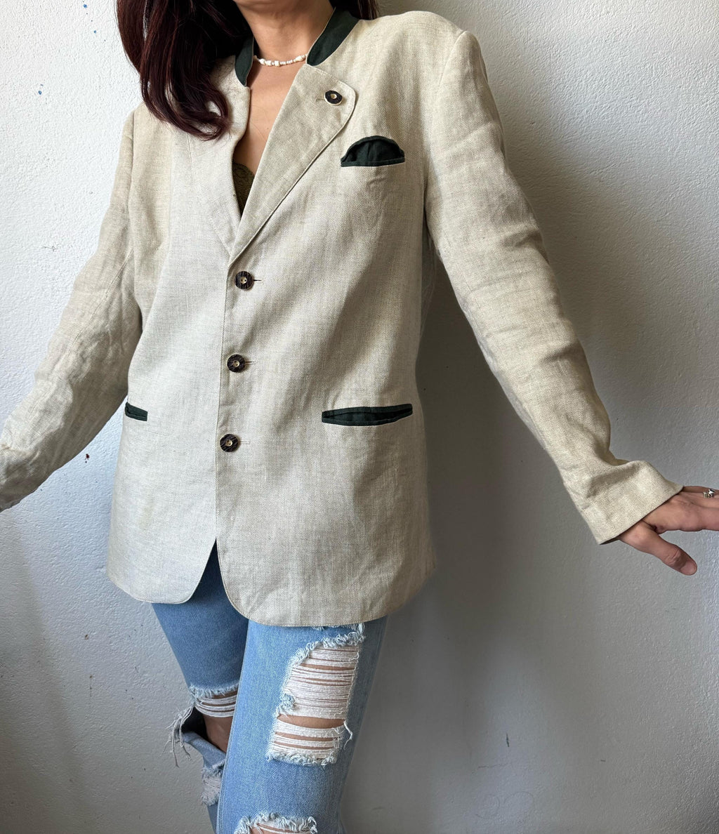 Vintage Linen Trachten Blazer Austrian Alpine Beige Jacket