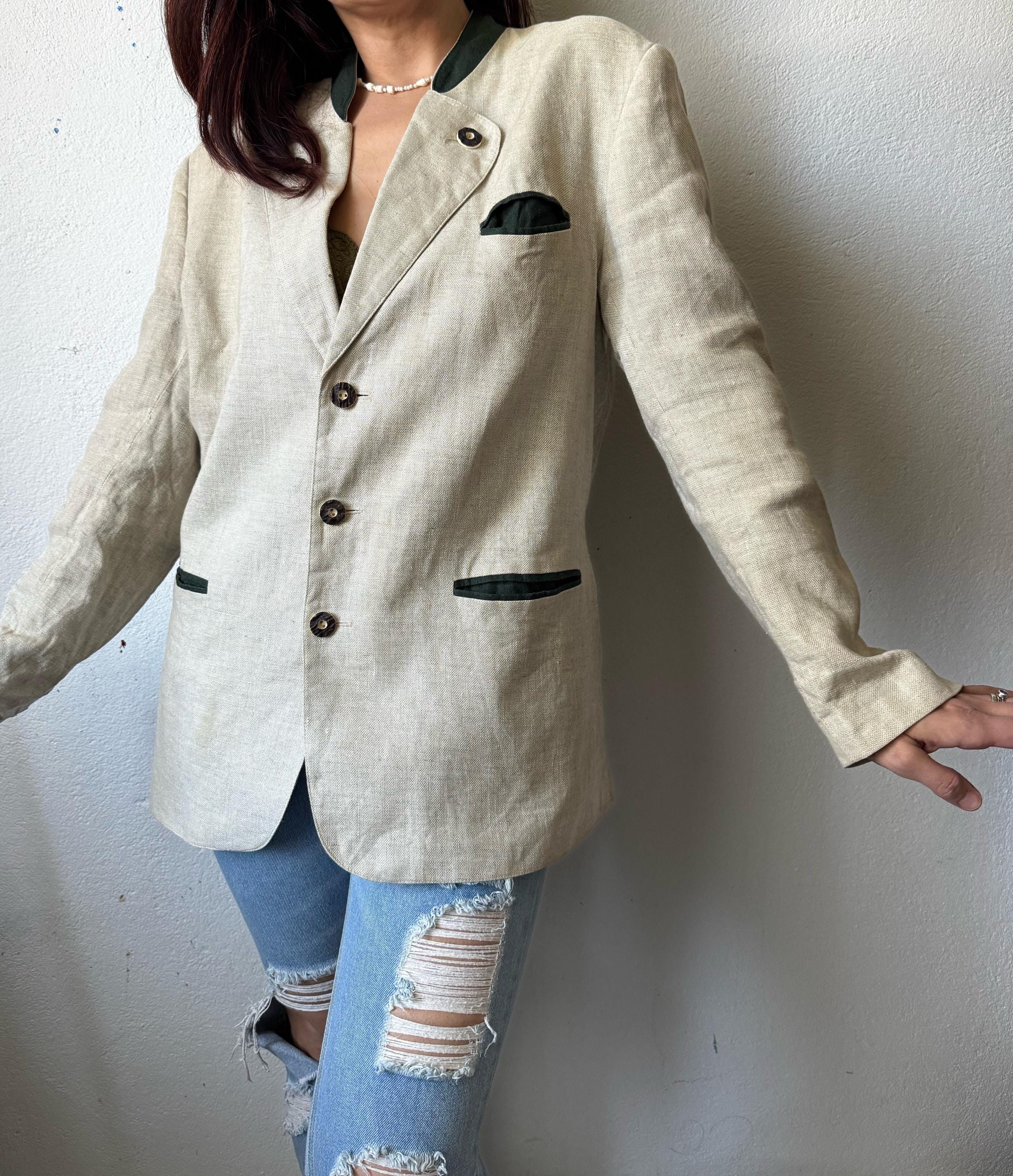 Vintage Linen Trachten Blazer Austrian Alpine Beige Jacket