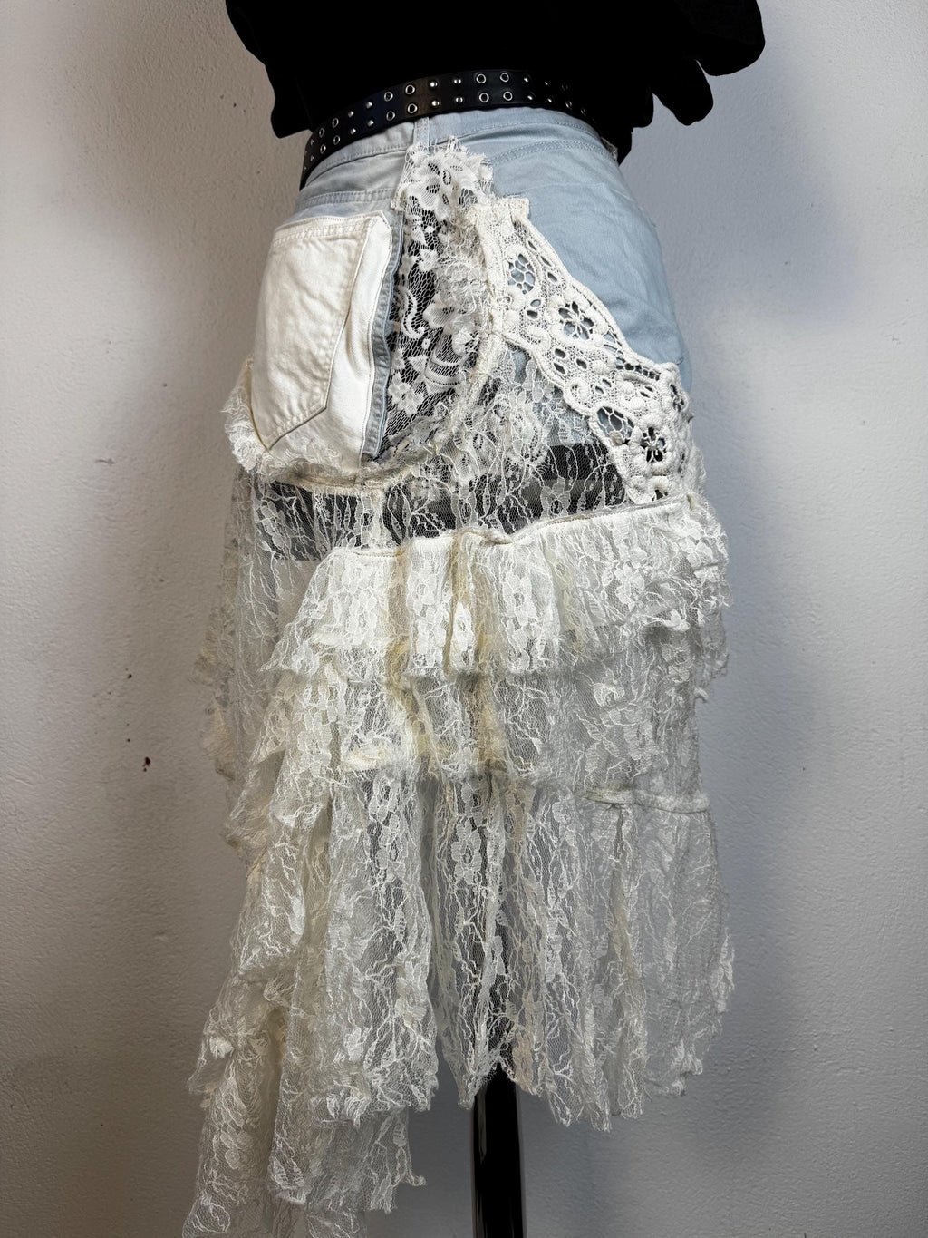 Upcycled Denim Lace Belt, Hand-Painted Eye Detail, Grunge Festival Style