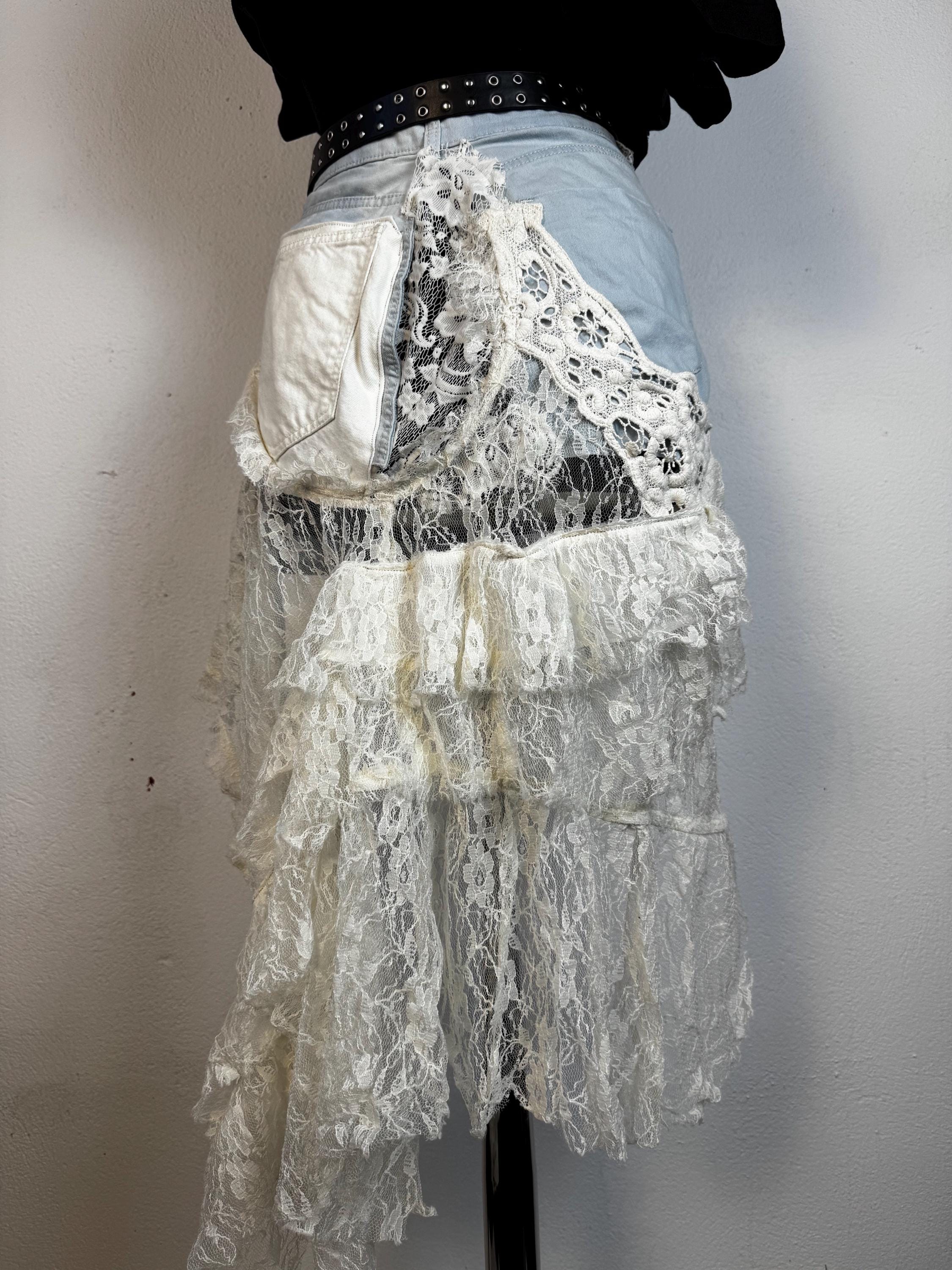 Upcycled Denim Lace Belt, Hand-Painted Eye Detail, Grunge Festival Style
