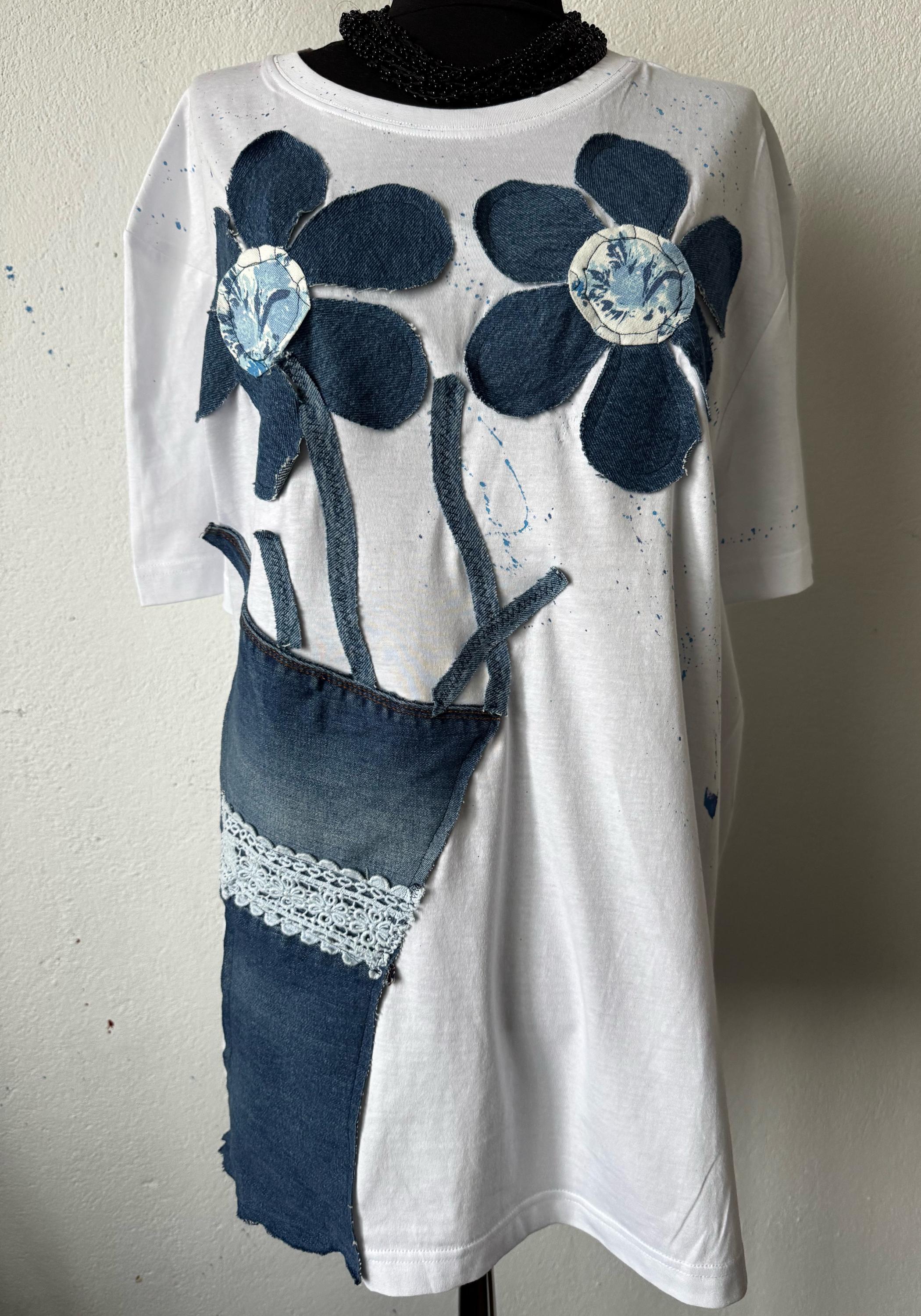 Denim flower vase t-shirt, handpainted with recycled jeans patchwork