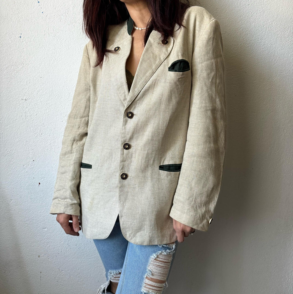 Vintage Linen Trachten Blazer Austrian Alpine Beige Jacket