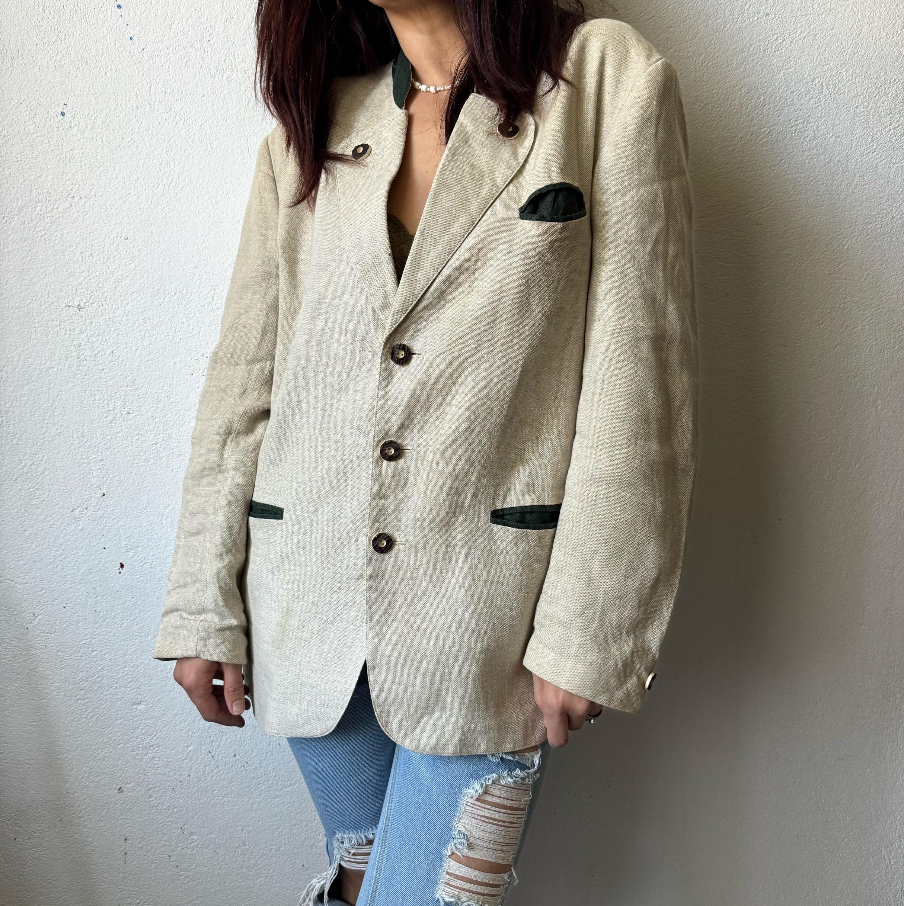Vintage Linen Trachten Blazer Austrian Alpine Beige Jacket