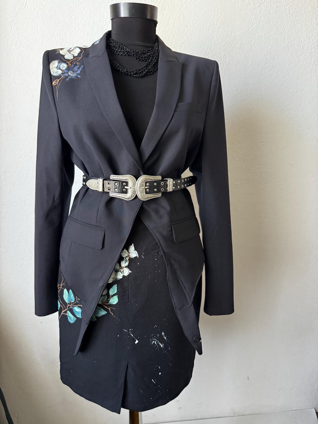 Hand painted blazer with cotton flowers, deconstructed, one of a kind piece