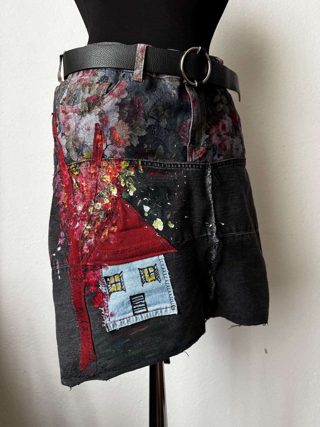 Boho Upcycled skirt with romantic cottage and flowers texture