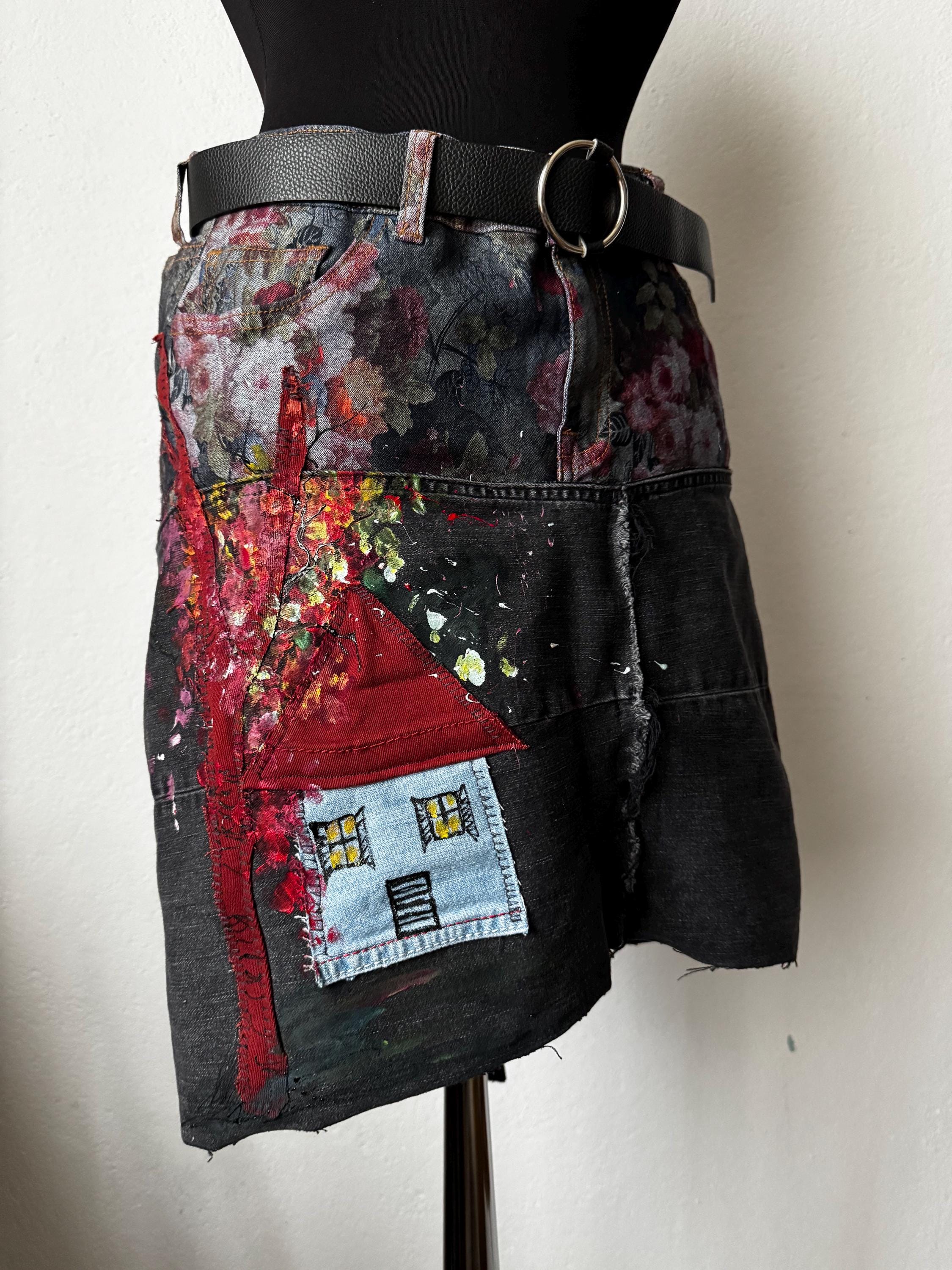 Boho Upcycled skirt with romantic cottage and flowers texture