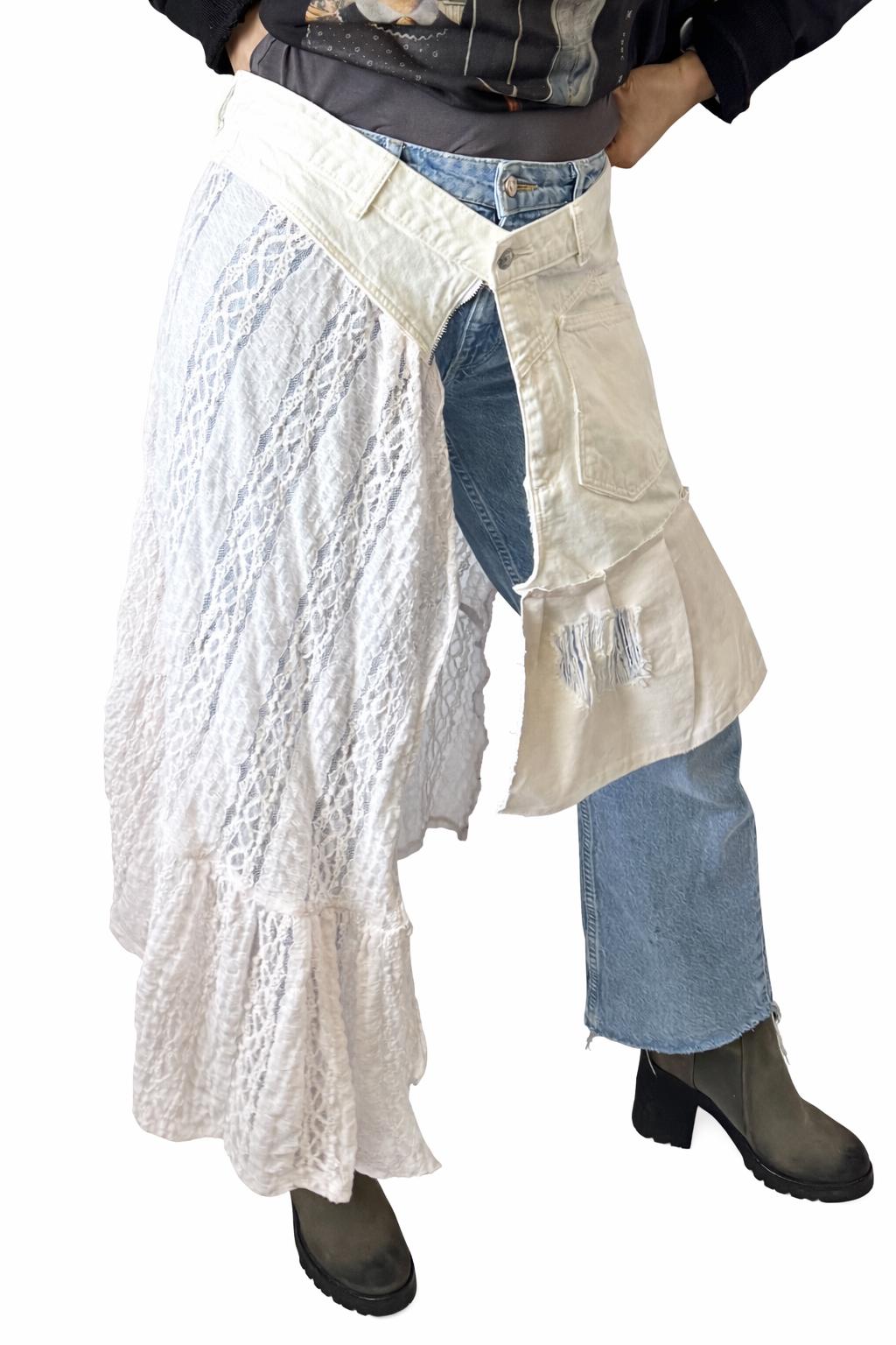 Upcycled Denim Lace Belt, plus size skirt over pants