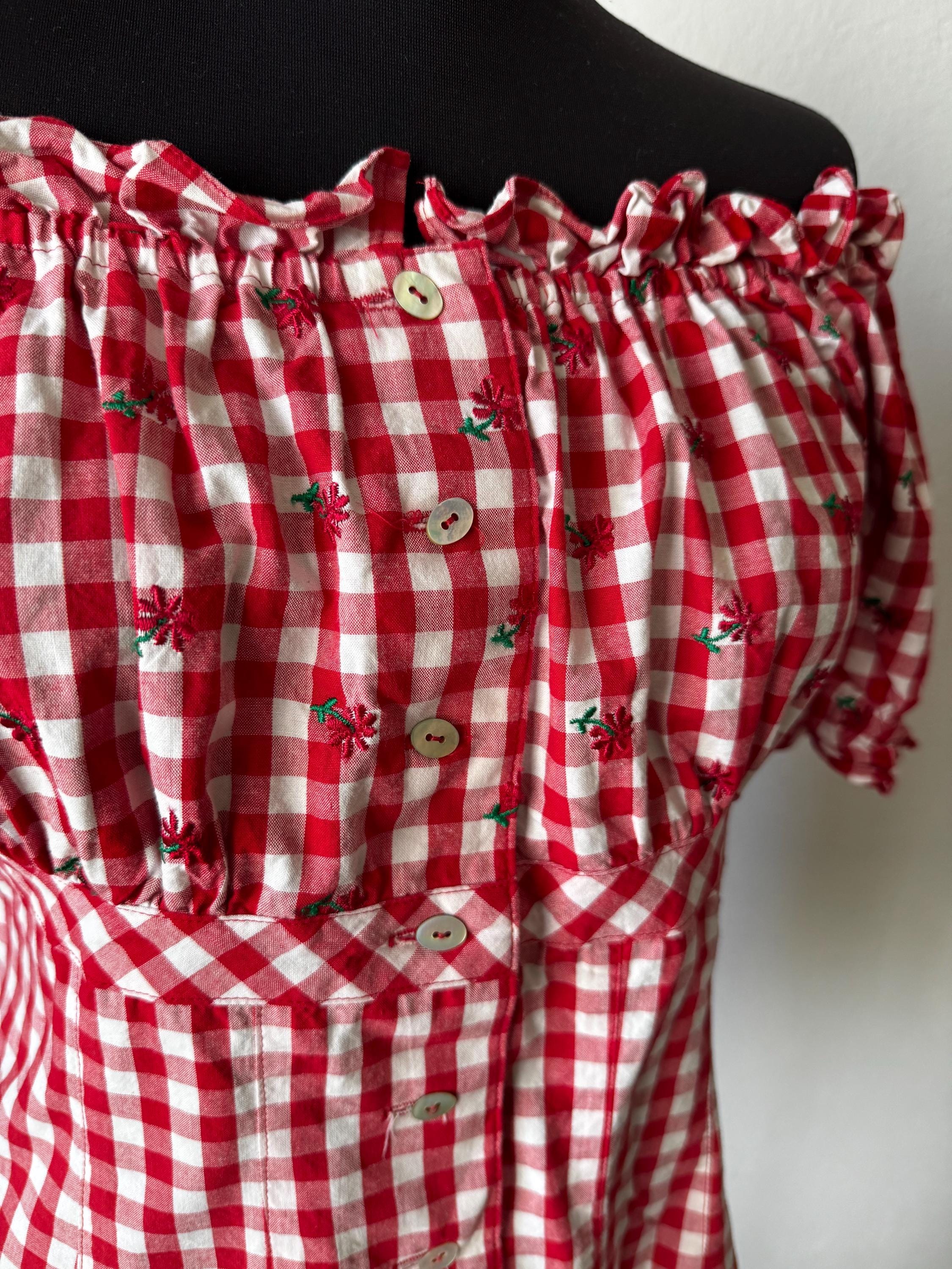 Vintage top cottage chic with red squares and embroider flowers