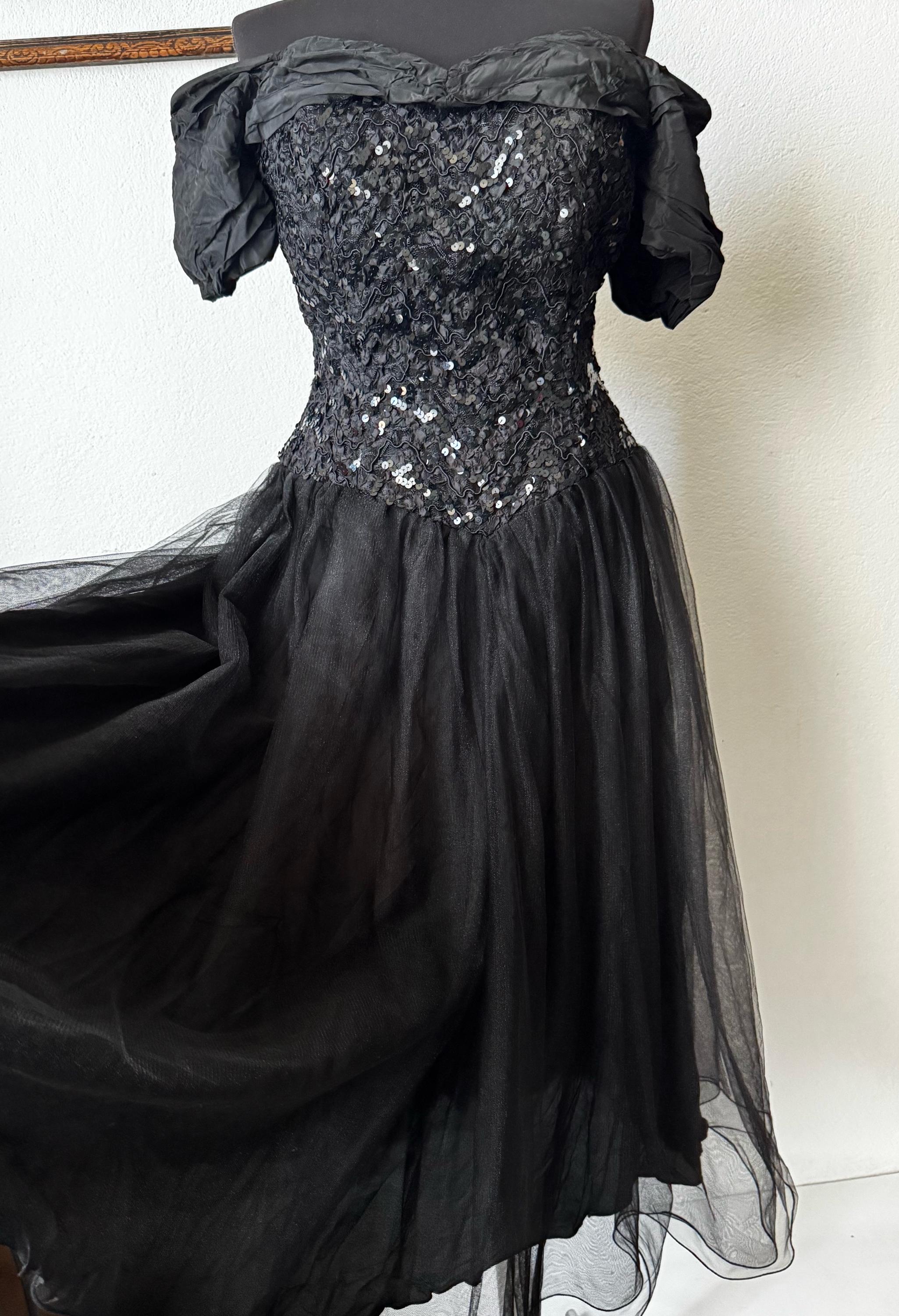 Vintage Vera Mont Black Tulle Gown, 80s Off-Shoulder Party Dress, Size L