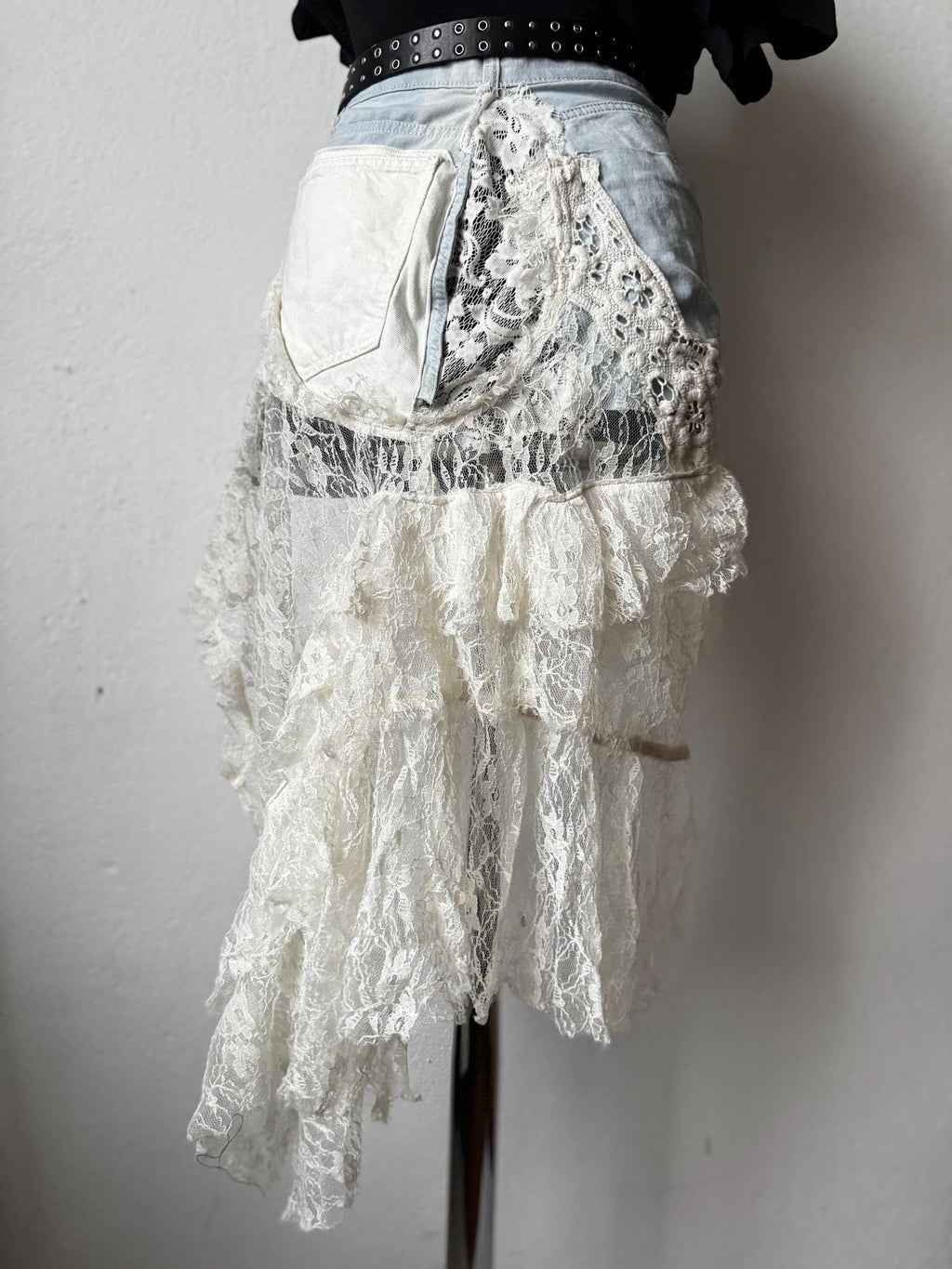Upcycled Denim Lace Belt, Hand-Painted Eye Detail, Grunge Festival Style