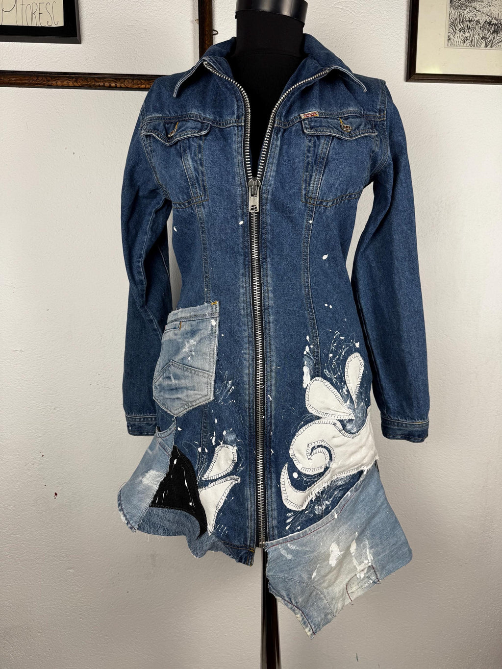 Upcycled Denim Mini Dress, OOAK Patchwork Jeans, Hand-Painted, Joujou, S