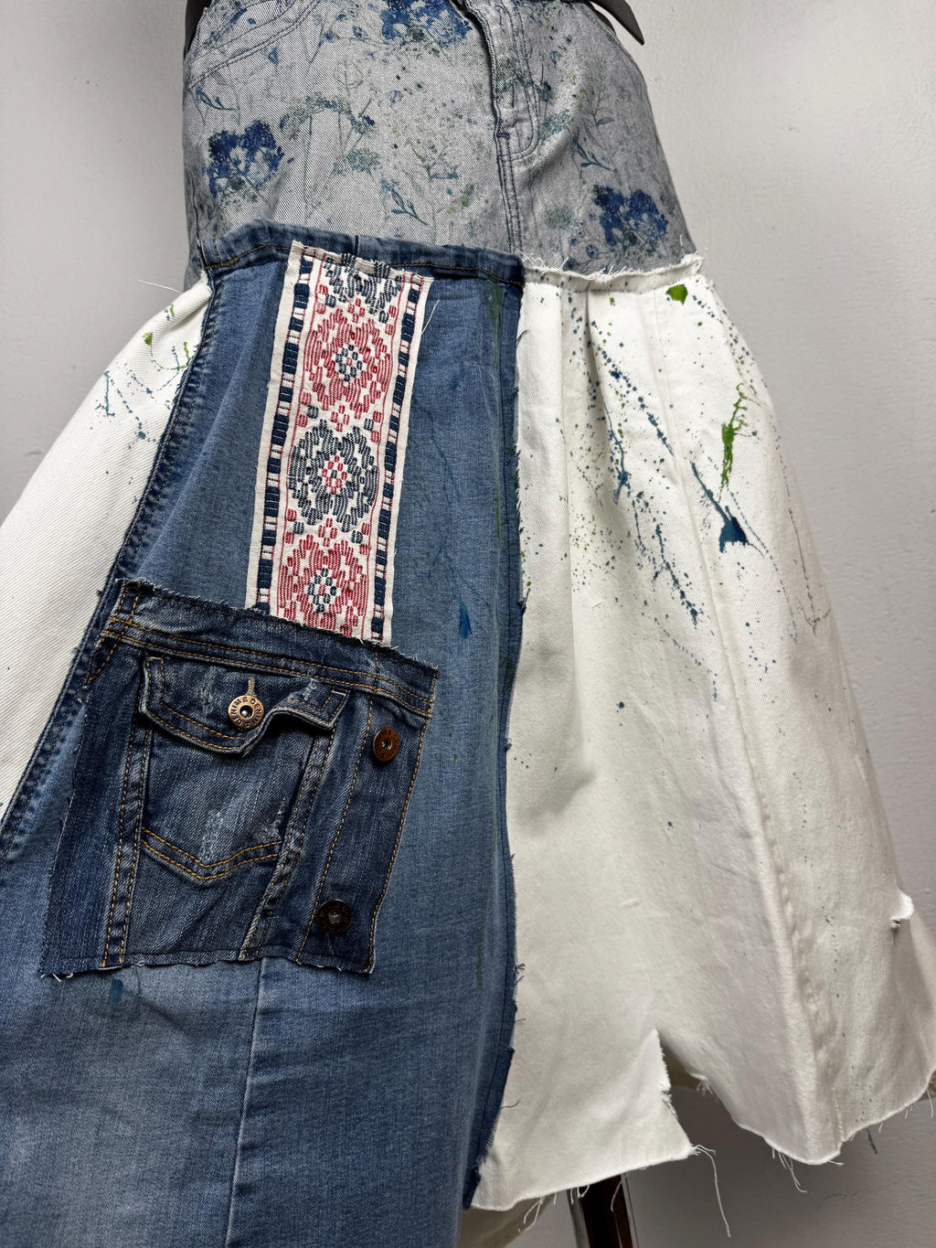 Upcycled skirt, hand painted denim, patchwork jeans