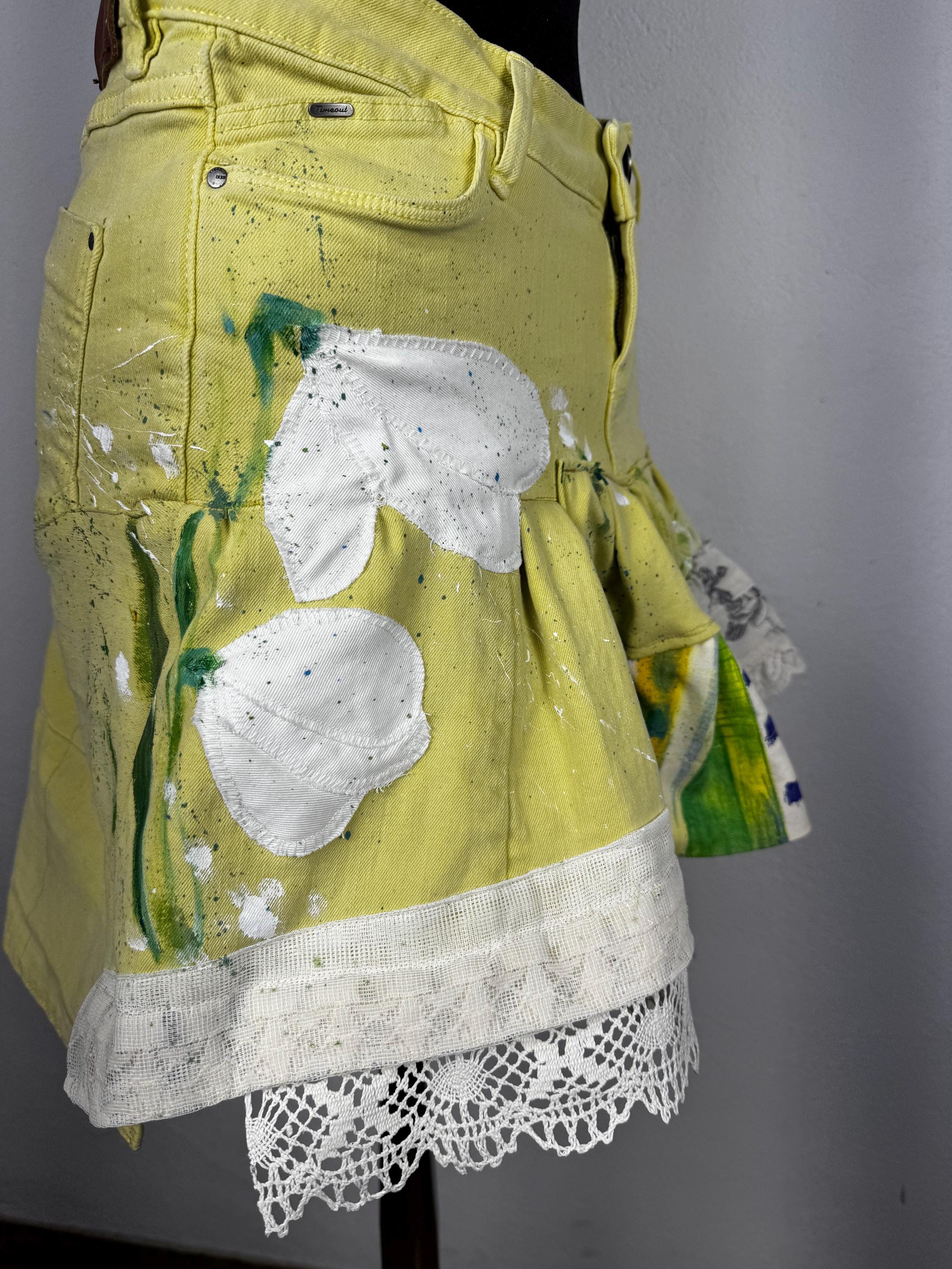 Denim yellow skirt with spring flowers