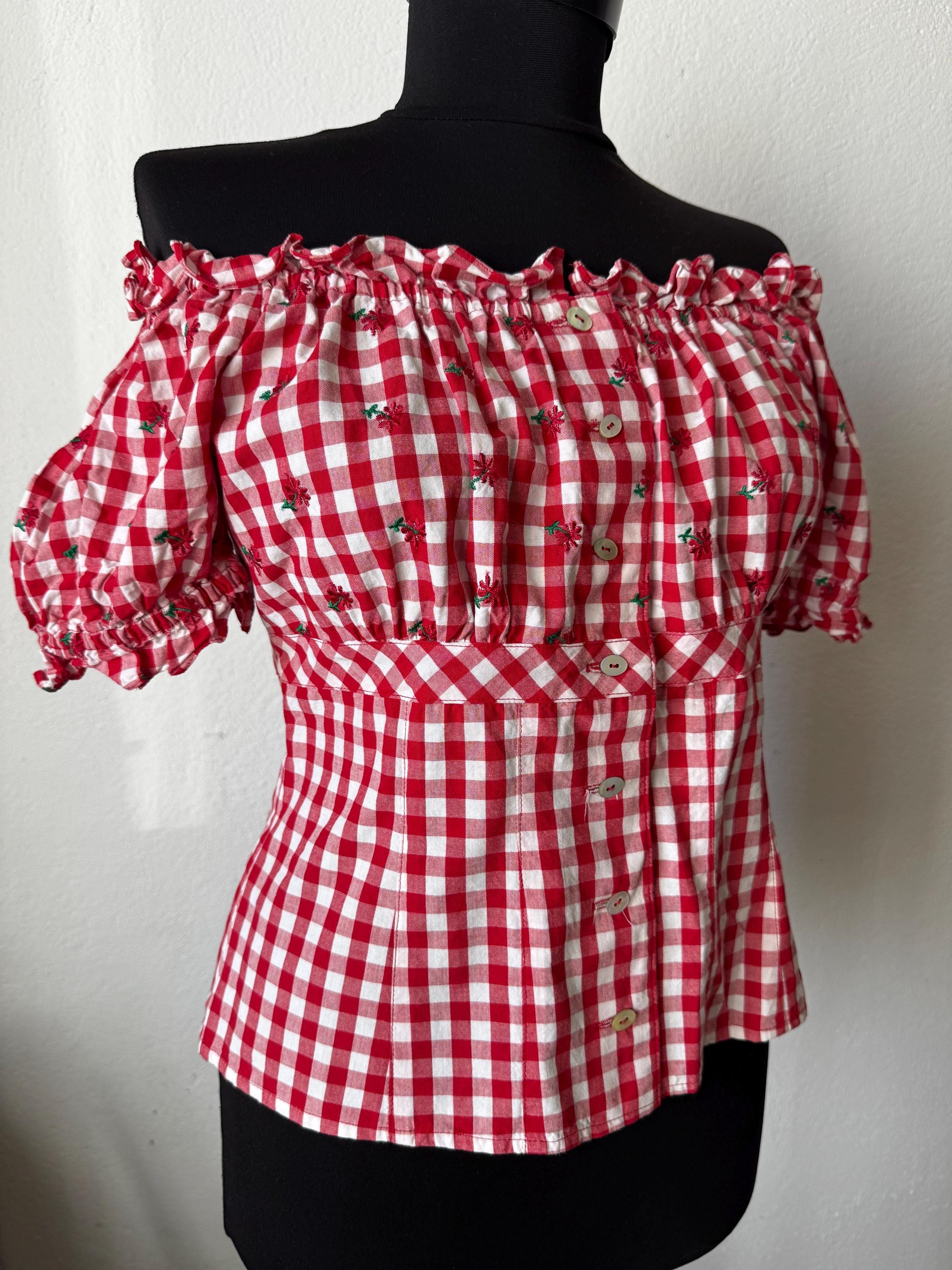 Vintage top cottage chic with red squares and embroider flowers