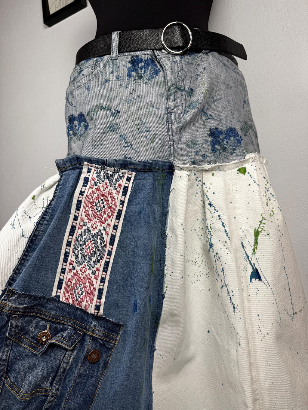 Upcycled skirt, hand painted denim, patchwork jeans