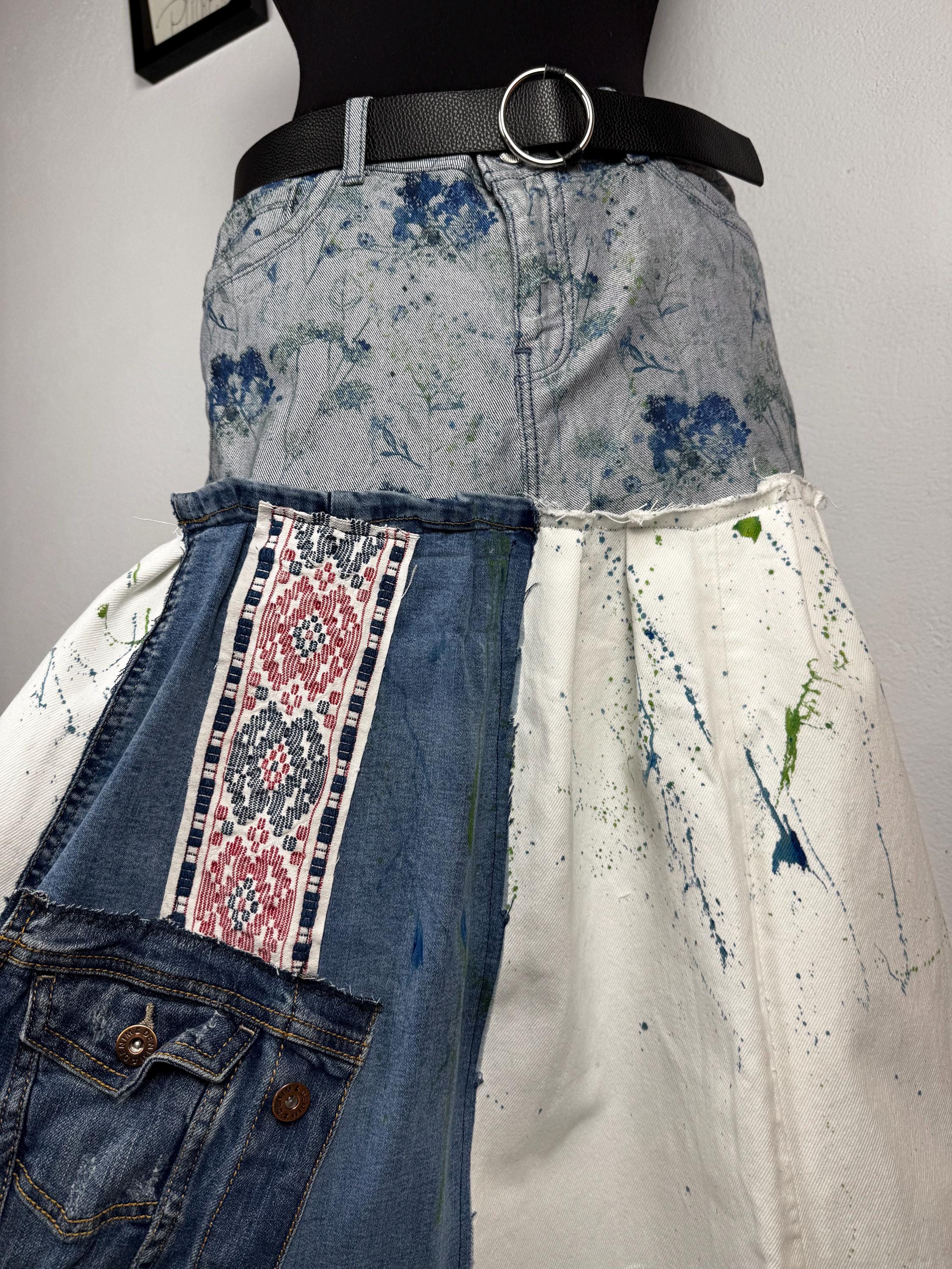 Upcycled skirt, hand painted denim, patchwork jeans