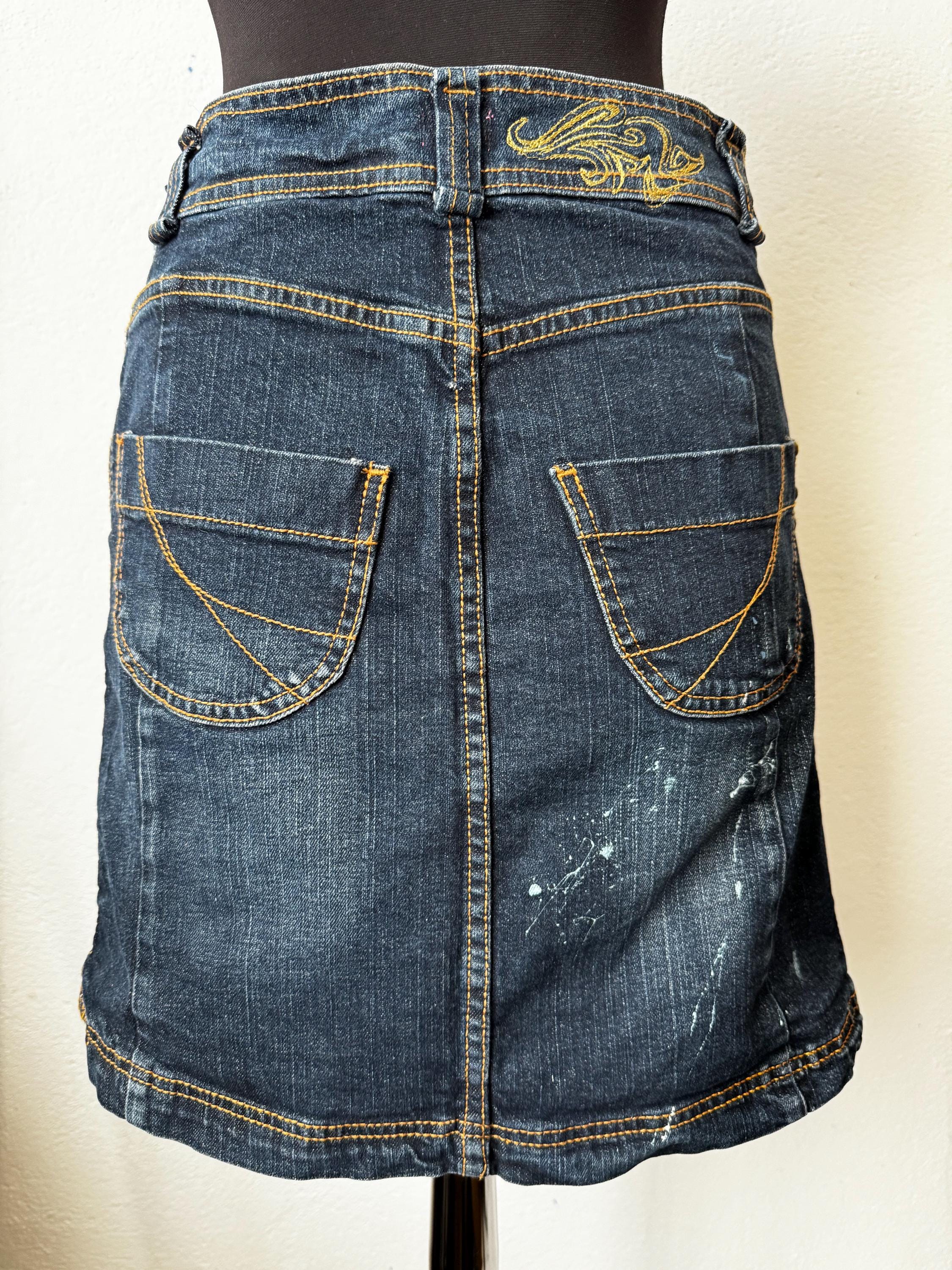 Reworked denim skirt, patchwork jeans with handpainted details