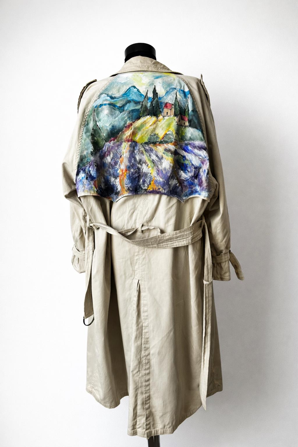 Hand painted vintage trench, one of a kind sustainable piece