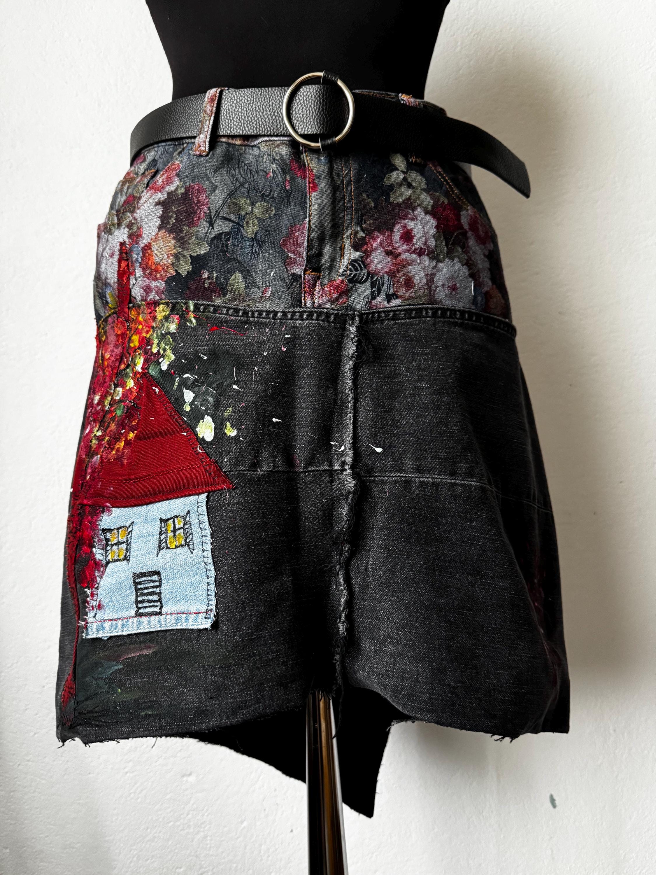 Boho Upcycled skirt with romantic cottage and flowers texture