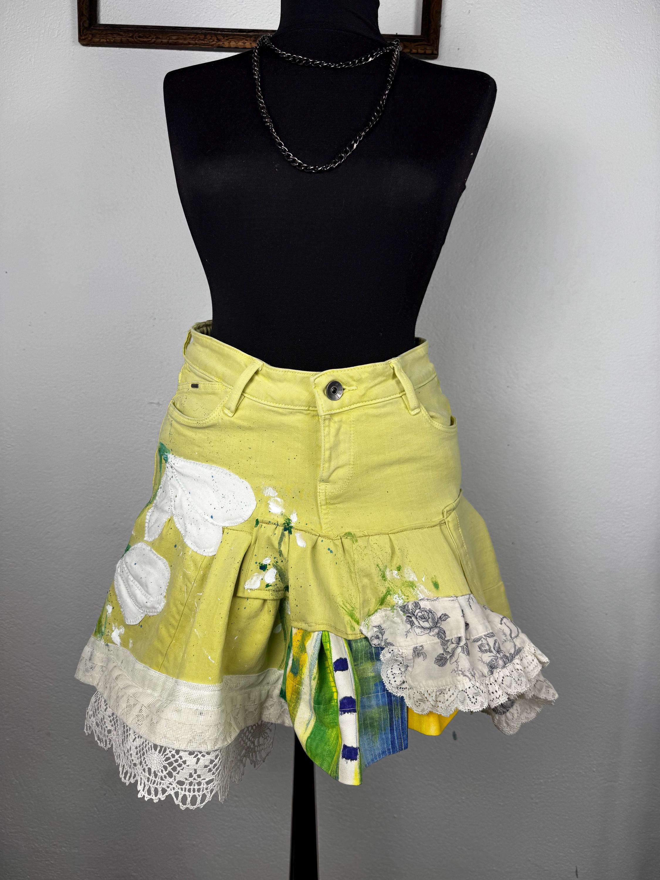 Denim yellow skirt with spring flowers