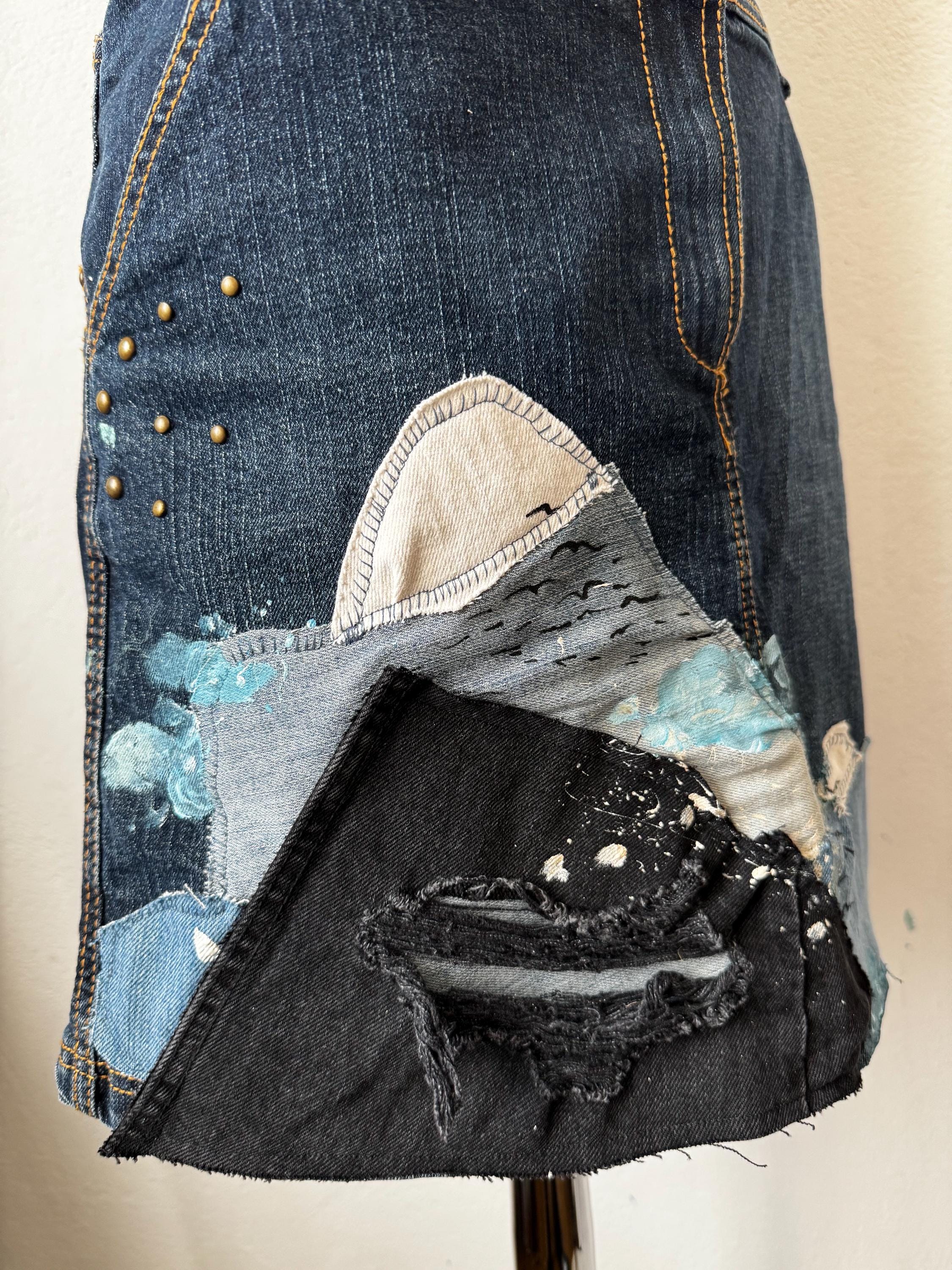Reworked denim skirt, patchwork jeans with handpainted details
