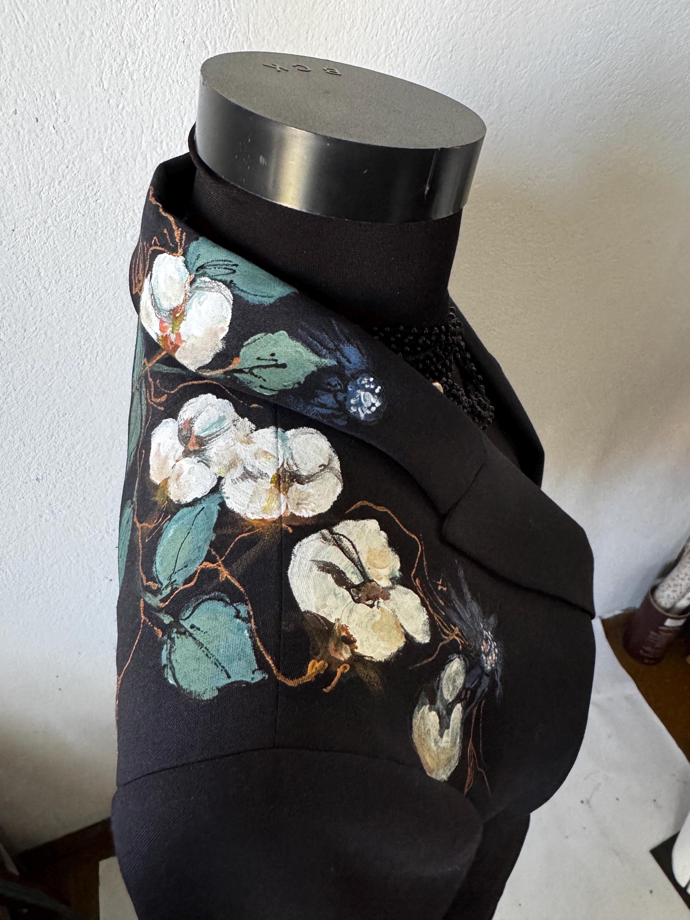 Hand painted blazer with cotton flowers, deconstructed, one of a kind piece