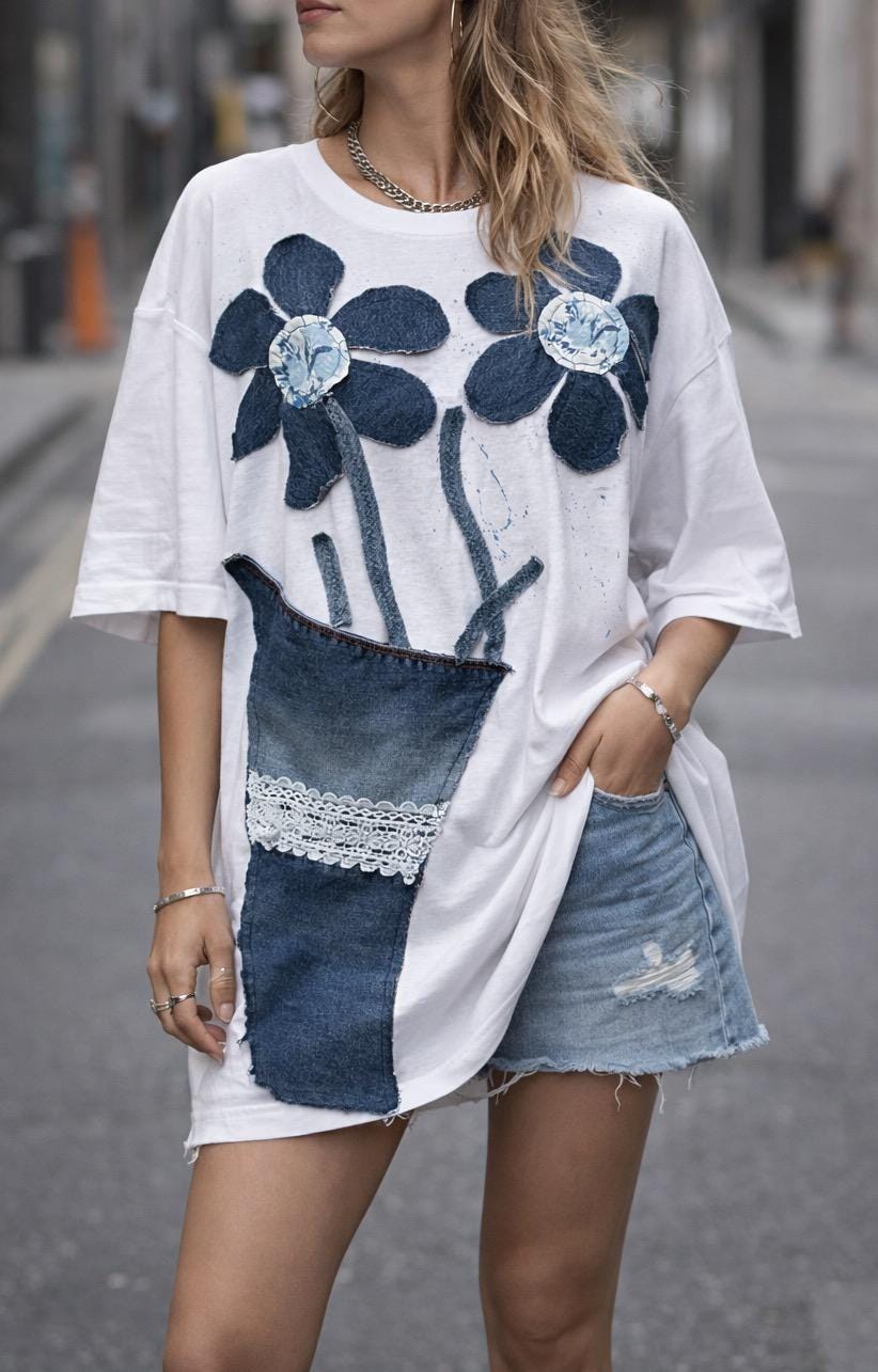 Denim flower vase t-shirt, handpainted with recycled jeans patchwork
