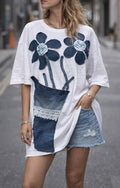 Denim flower vase t-shirt, handpainted with recycled jeans patchwork