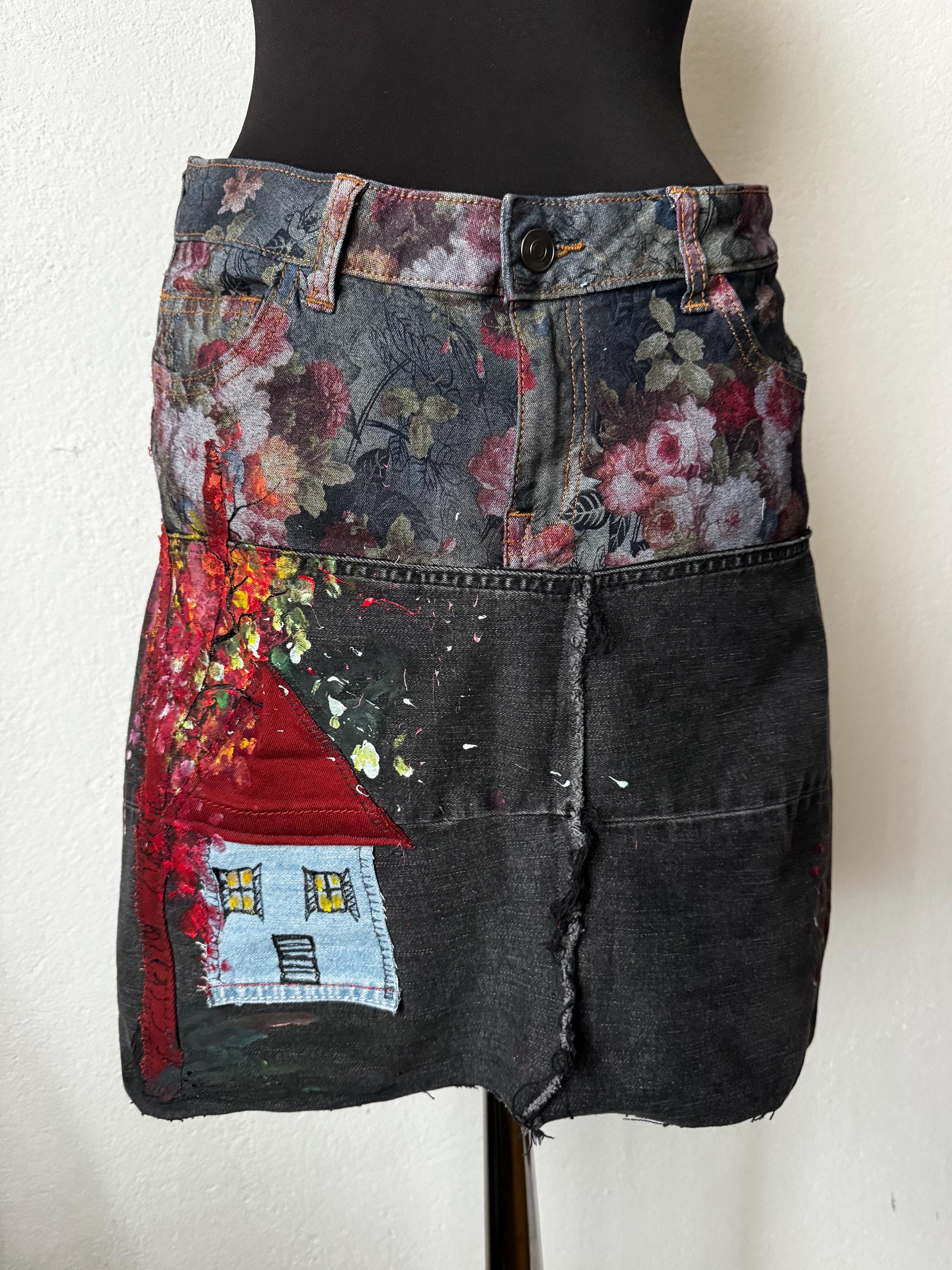 Boho Upcycled skirt with romantic cottage and flowers texture