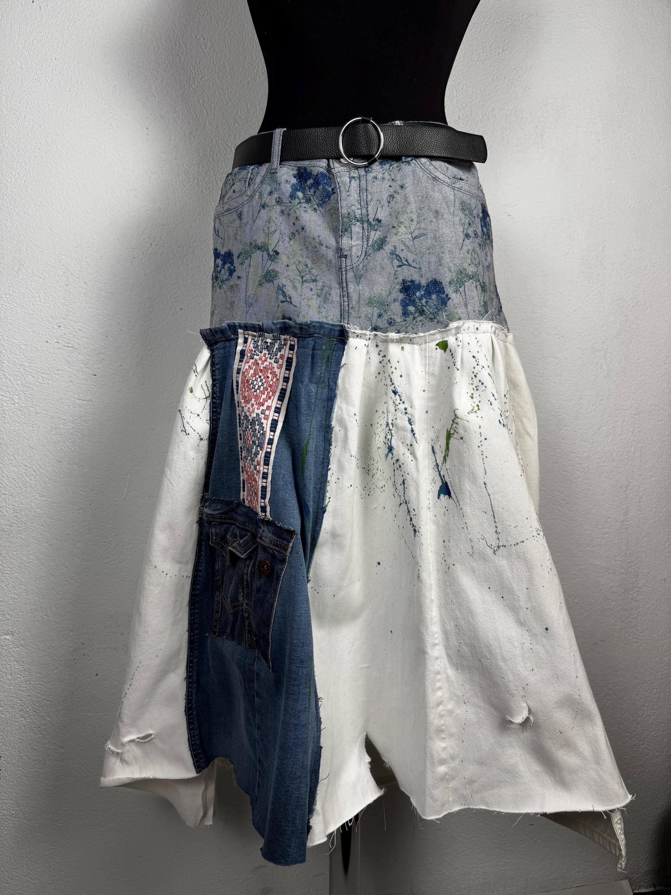 Upcycled skirt, hand painted denim, patchwork jeans