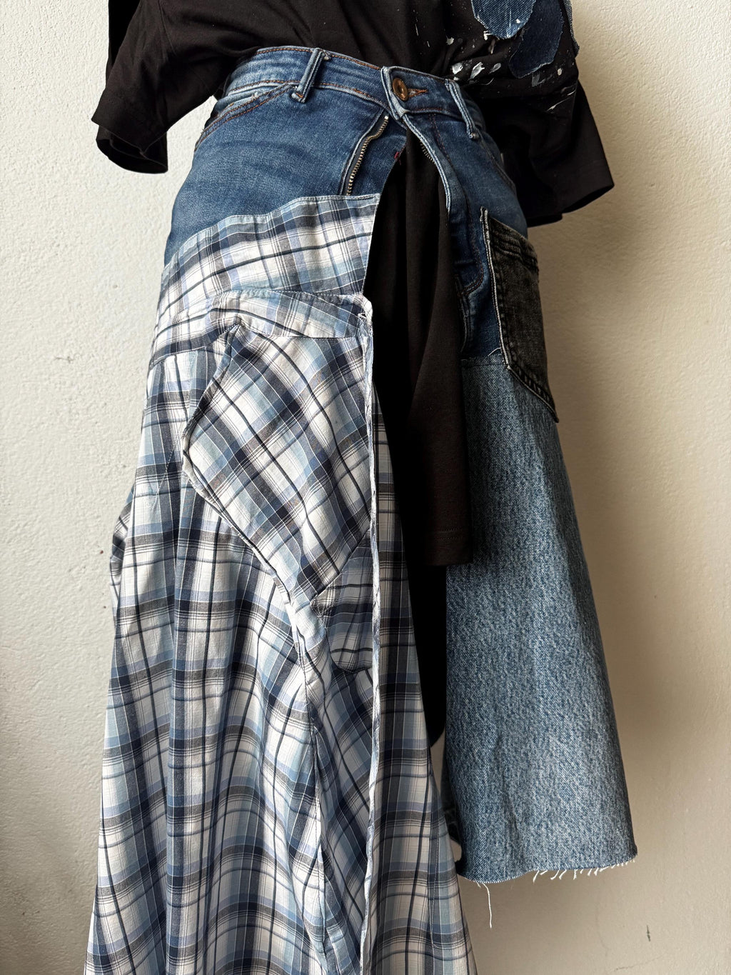 Skirt over jeans, one of a kind wearable art
