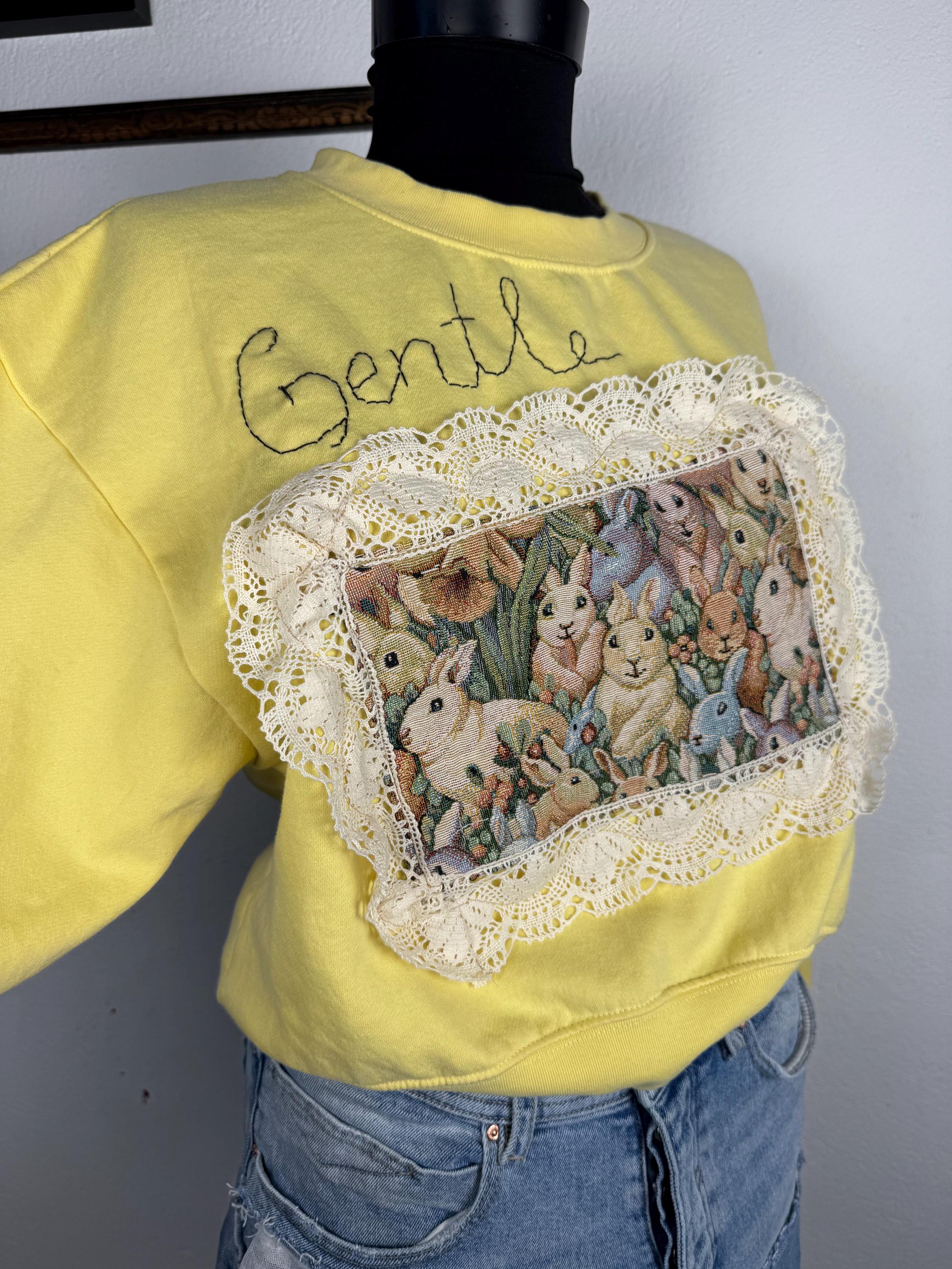 Upcycled cottage core bunny sweatshirt, yellow pullover with vintage bunny tapestry and lace