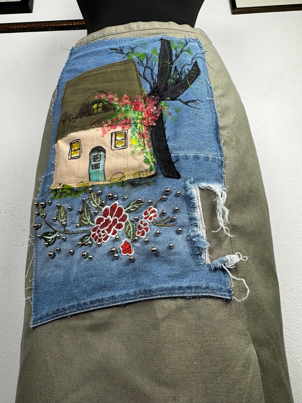 Upcycled Distler midi skirt with hand painted cottage patchwork. Cotton linen blend, sustainable one of a kind boho vintage piece