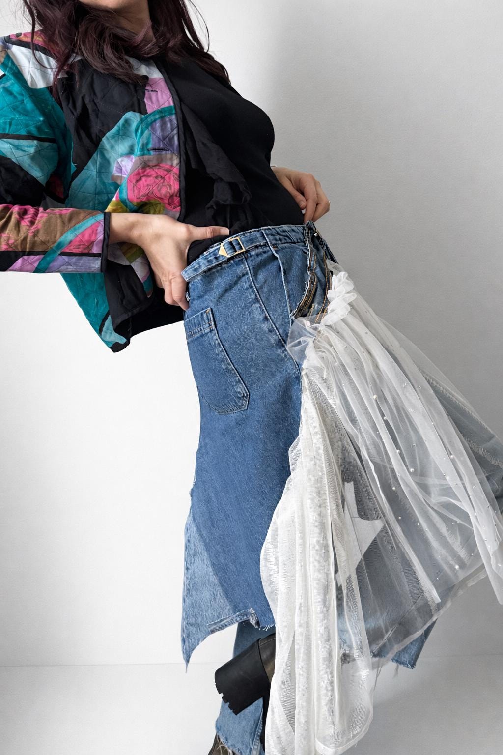Skirt over jeans, one of a kind piece of wearable art