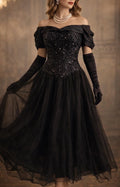 Vintage Vera Mont Black Tulle Gown, 80s Off-Shoulder Party Dress, Size L