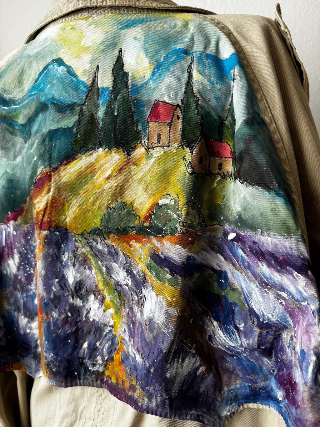 Hand painted vintage trench, one of a kind sustainable piece
