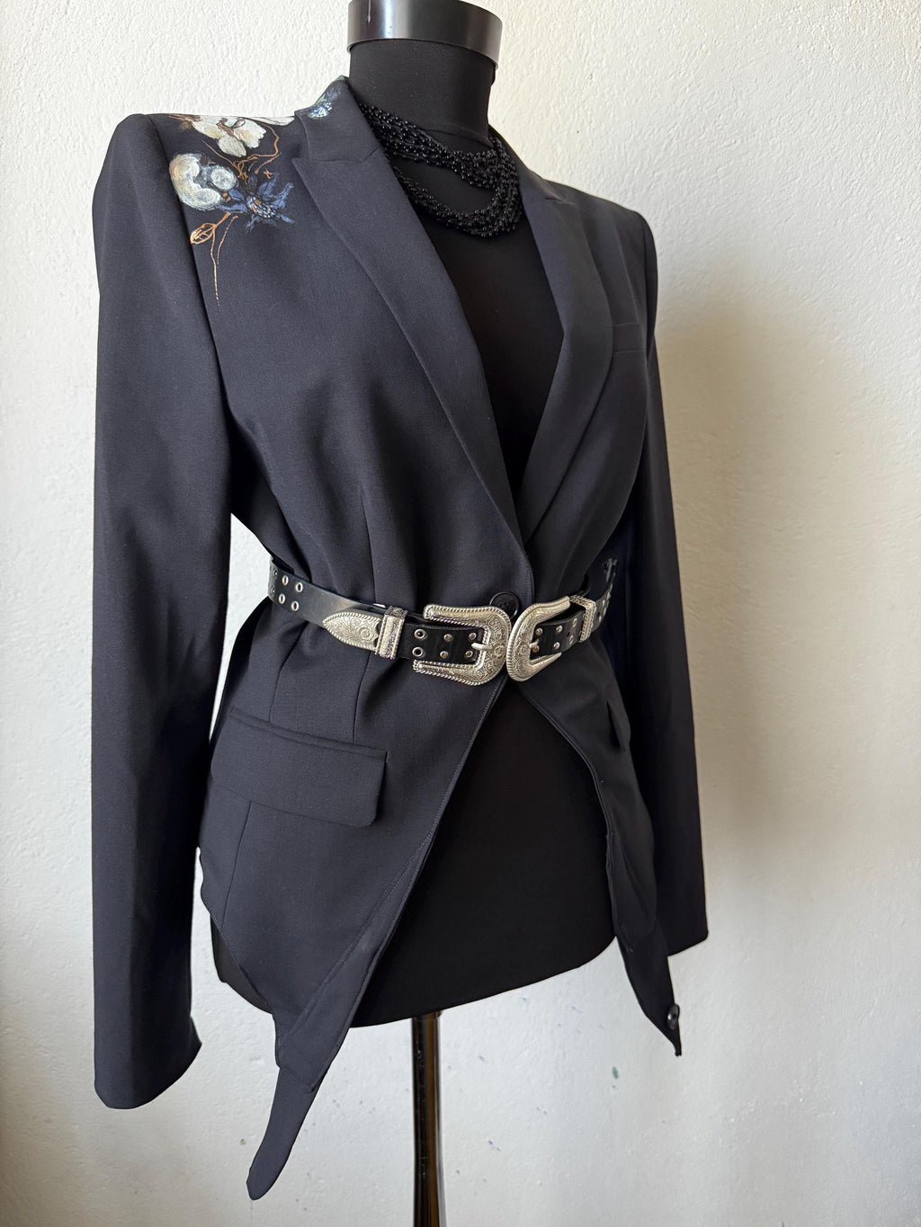 Hand painted blazer with cotton flowers, deconstructed, one of a kind piece