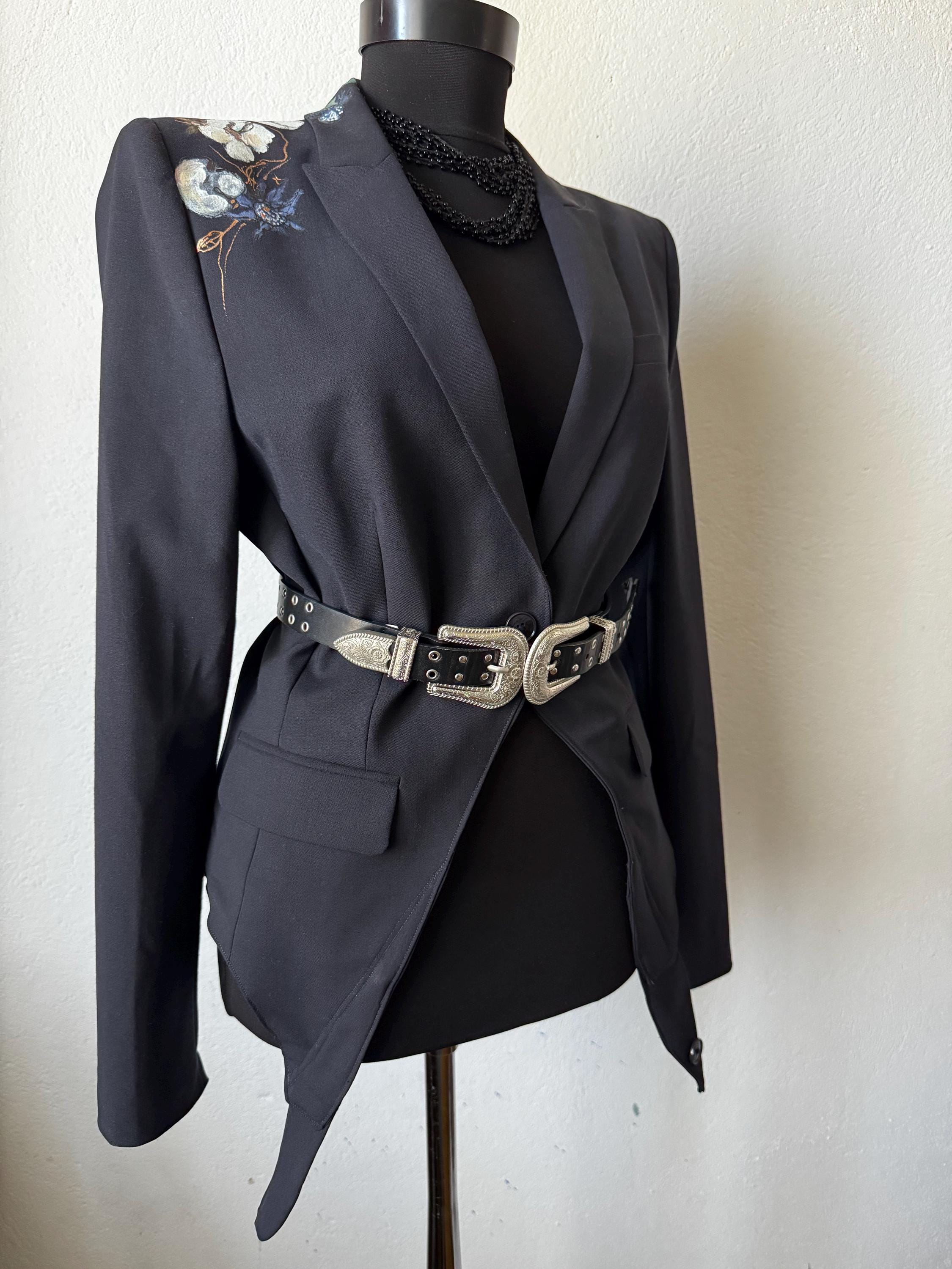 Hand painted blazer with cotton flowers, deconstructed, one of a kind piece