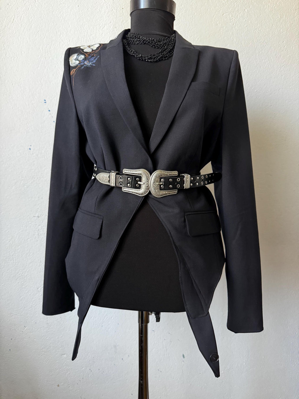 Hand painted blazer with cotton flowers, deconstructed, one of a kind piece