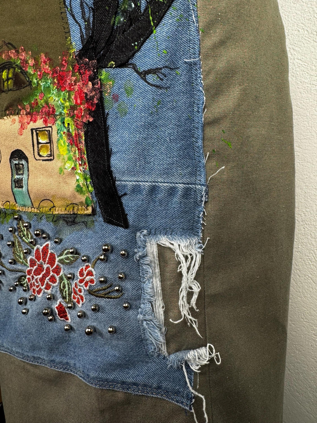 Upcycled Distler midi skirt with hand painted cottage patchwork. Cotton linen blend, sustainable one of a kind boho vintage piece