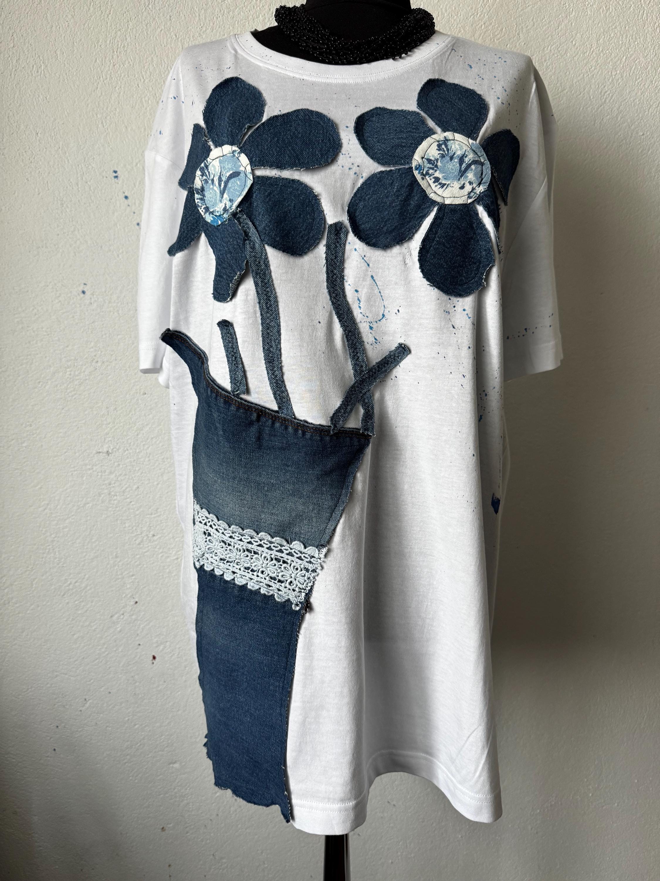 Denim flower vase t-shirt, handpainted with recycled jeans patchwork